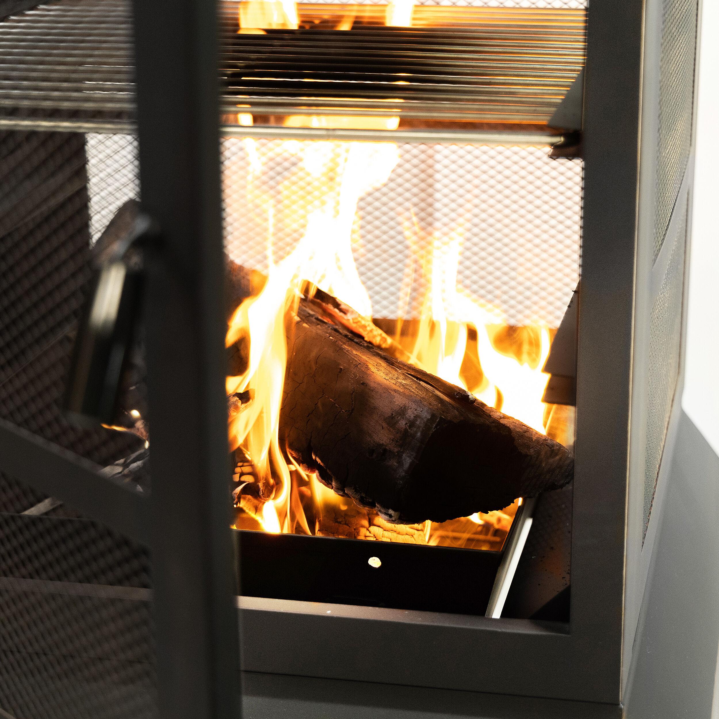 Deko Living Deko Living 26" Square Outdoor Steel Wood Burning Fireplace with Cast Iron Cooking Grill, Log Storage and Poker