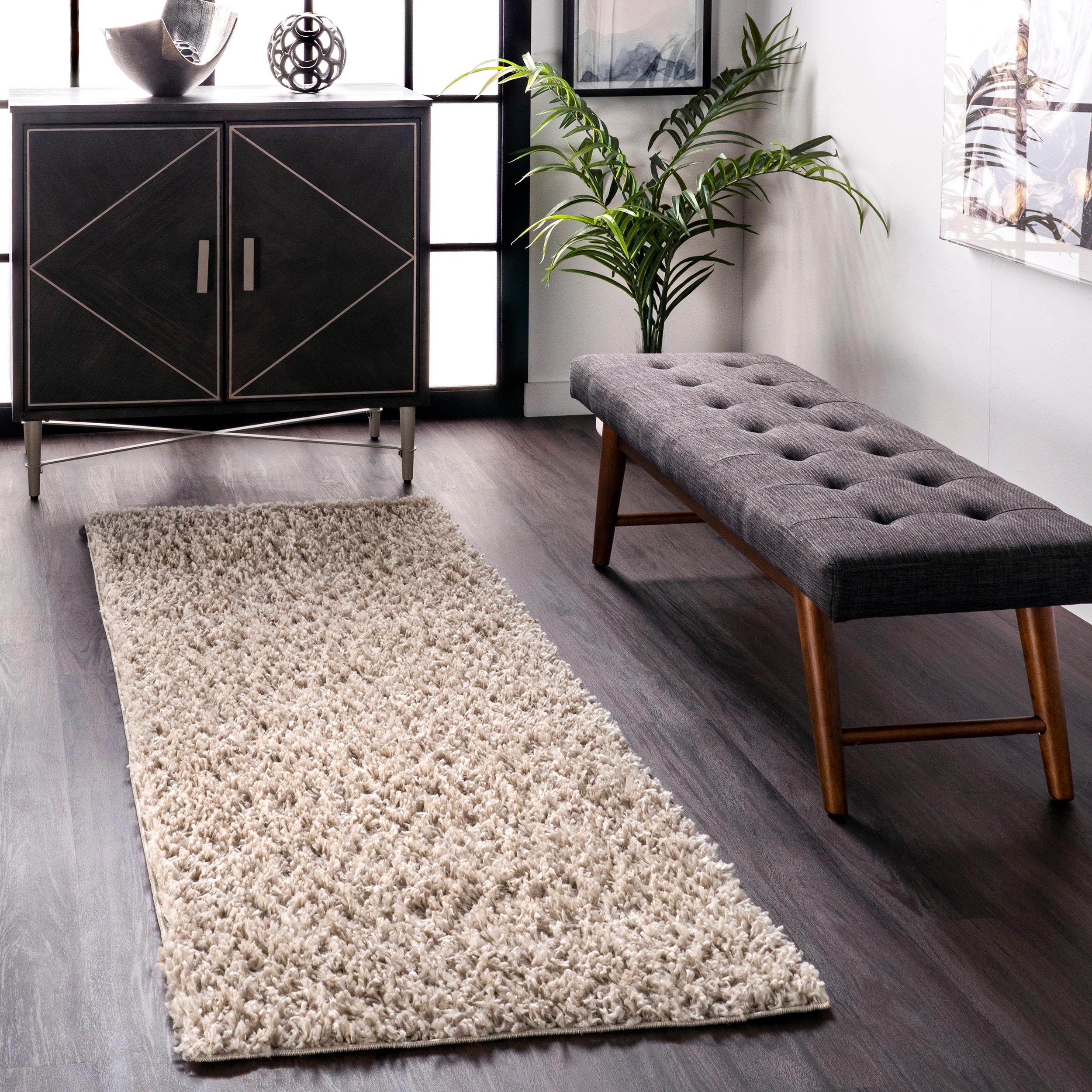 Beige Solid Shag Reversible Synthetic Runner Rug