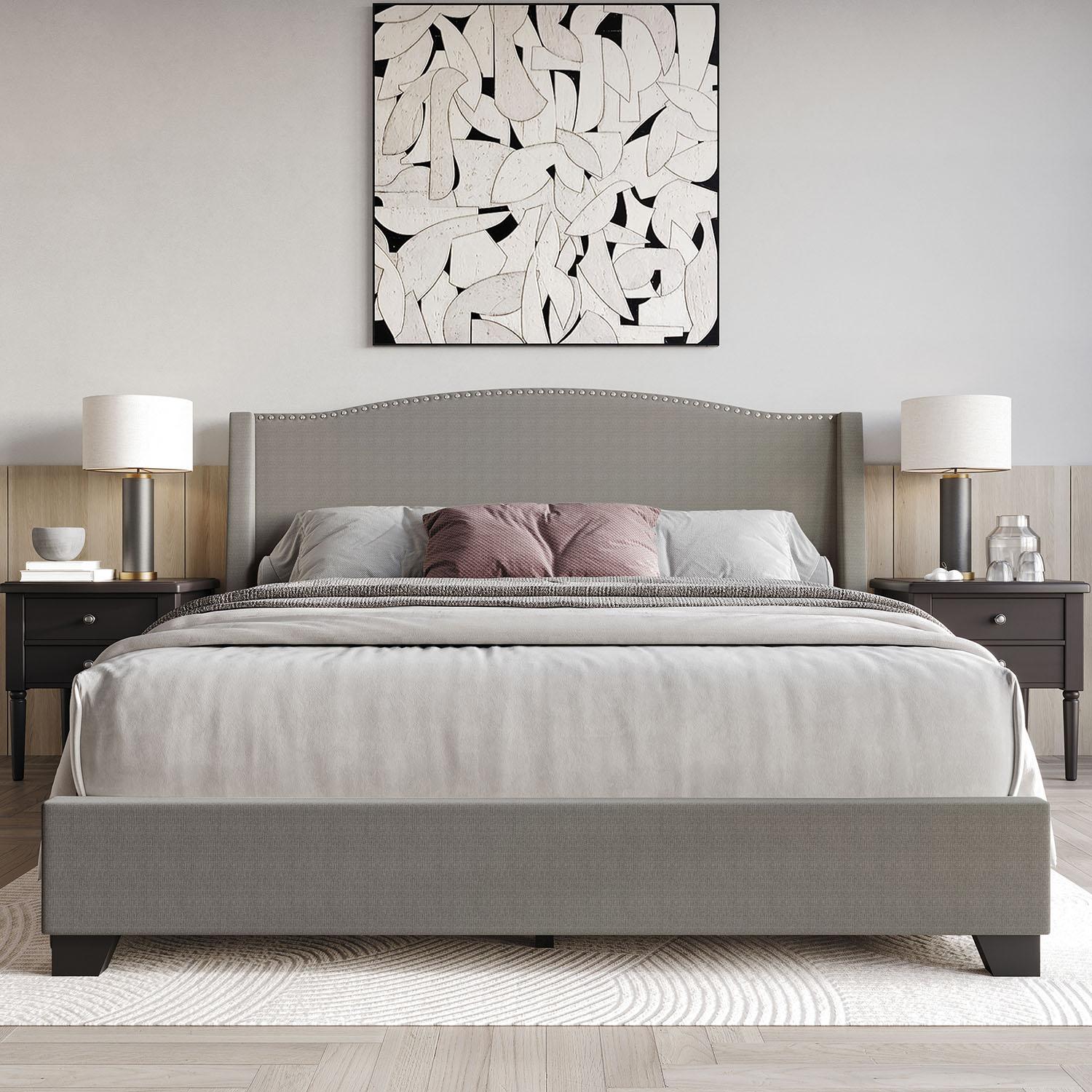 Castle Place Elegant Linen King Platform Bed with Storage, LIght Grey