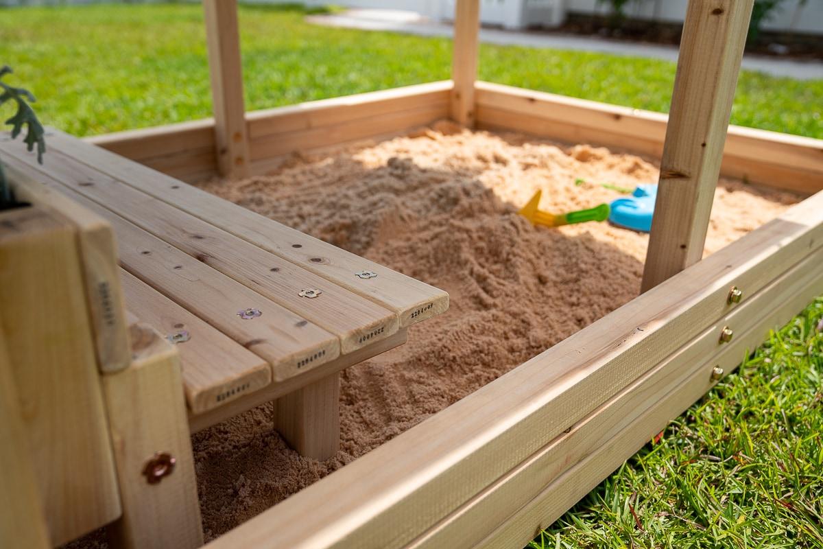 Dig n Play Wooden Sandbox Playhouse with Bench & Flower Planter, Outdoor Sand Pit for Kids