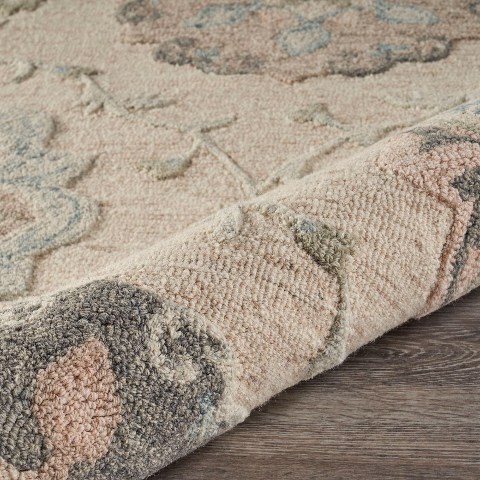 LR Home Aiden 7'3" Round Ivory and Blue Floral Wool Indoor Area Rug