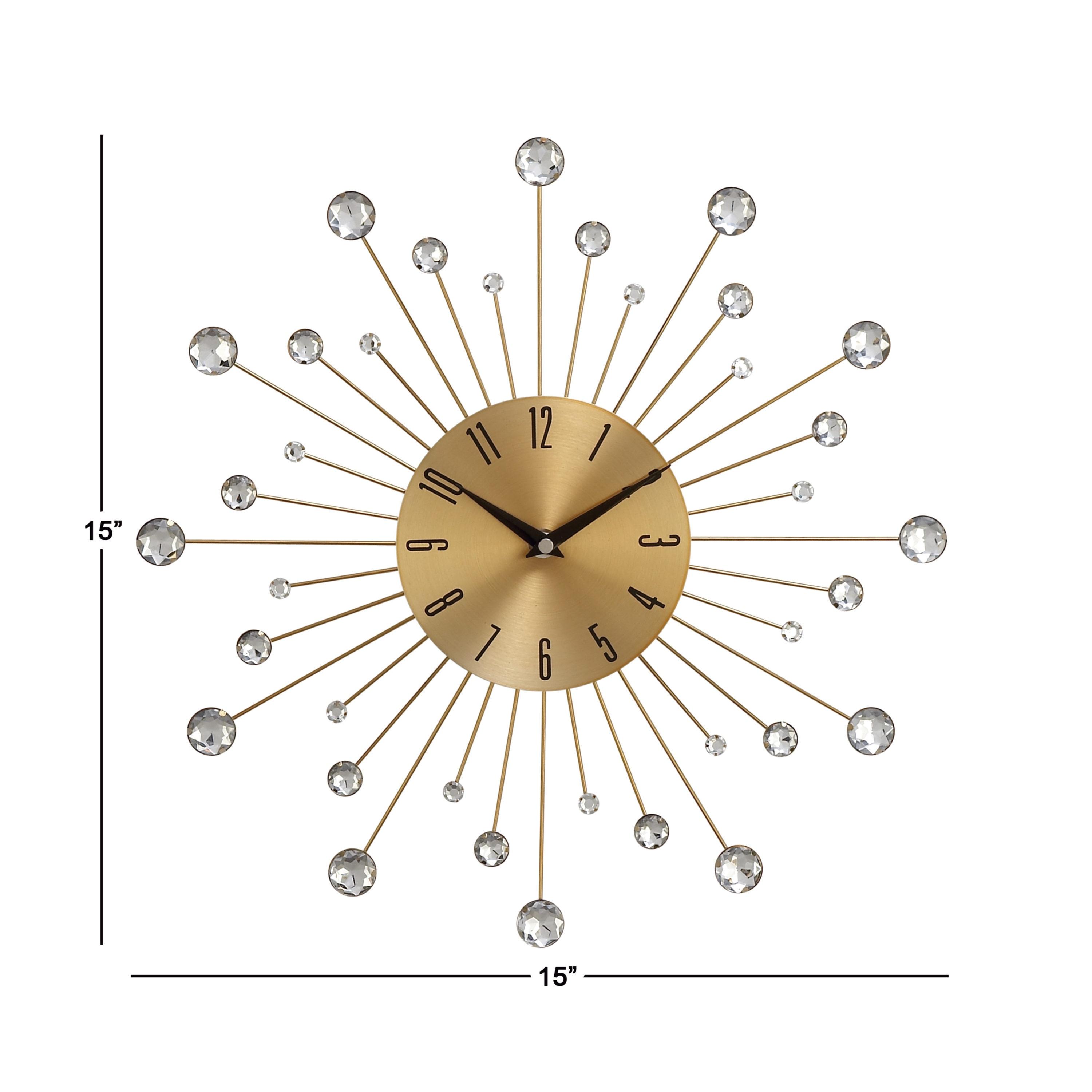 DecMode Gold Metal Glam Wall Clock, 15”L x 0.5”W x 15”H, Features Starburst Design