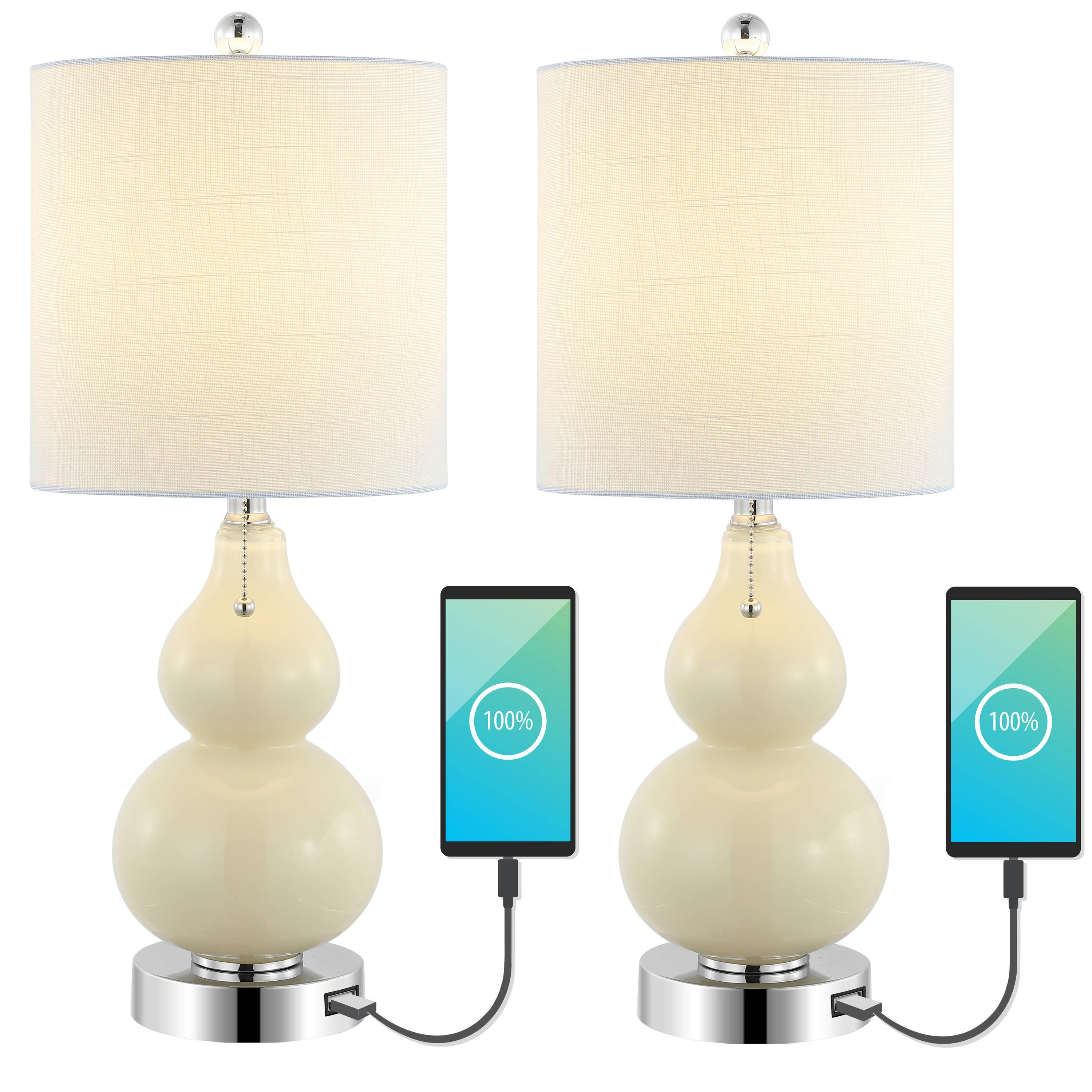 Cora 22" Classic Vintage Glass LED Table Lamp with USB Charging Port, Cream (Set of 2)