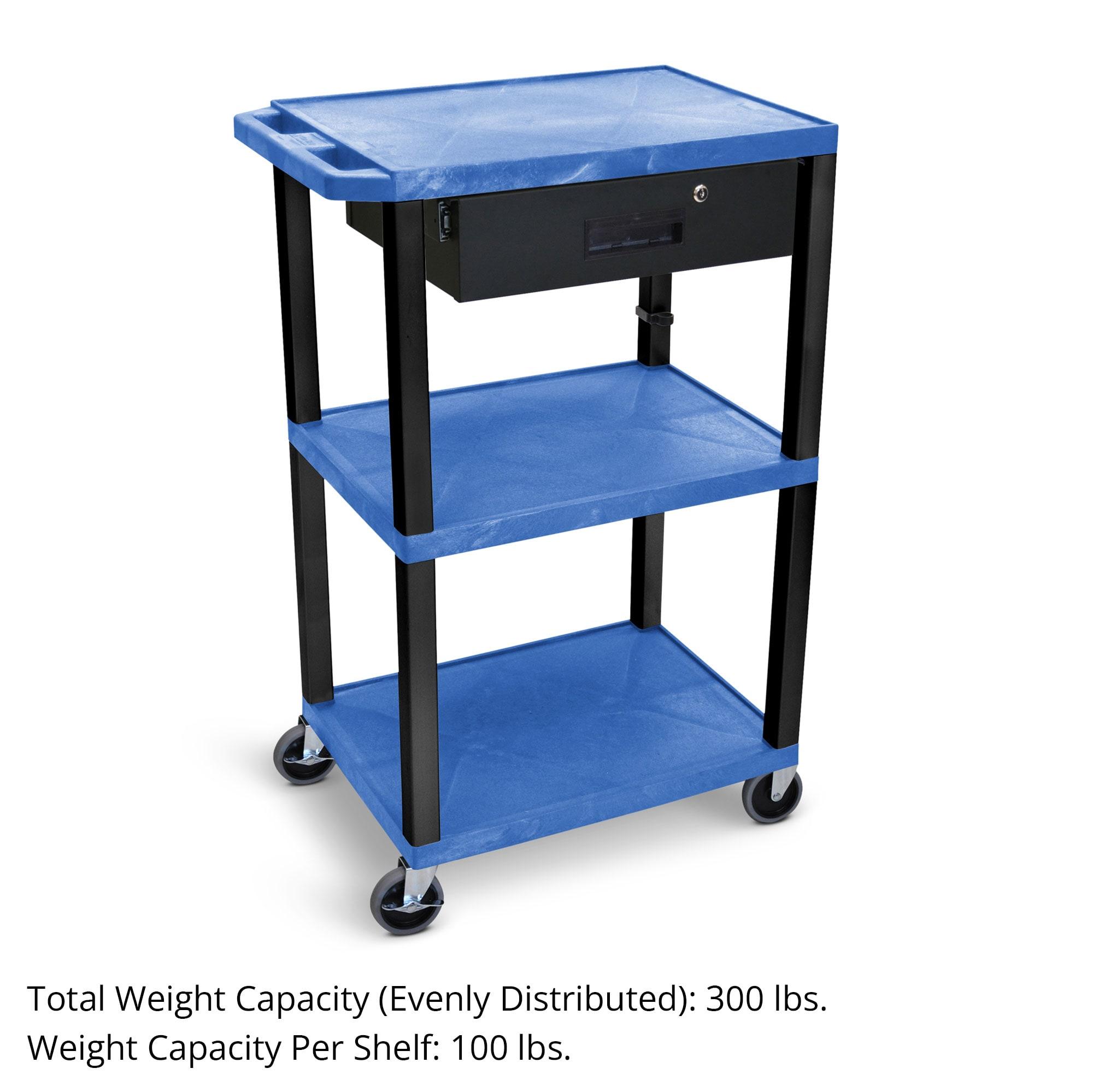 Luxor 18" x 24" Tuffy Three Shelf Flat Utility Cart With Locking Drawer - Blue With Black Legs