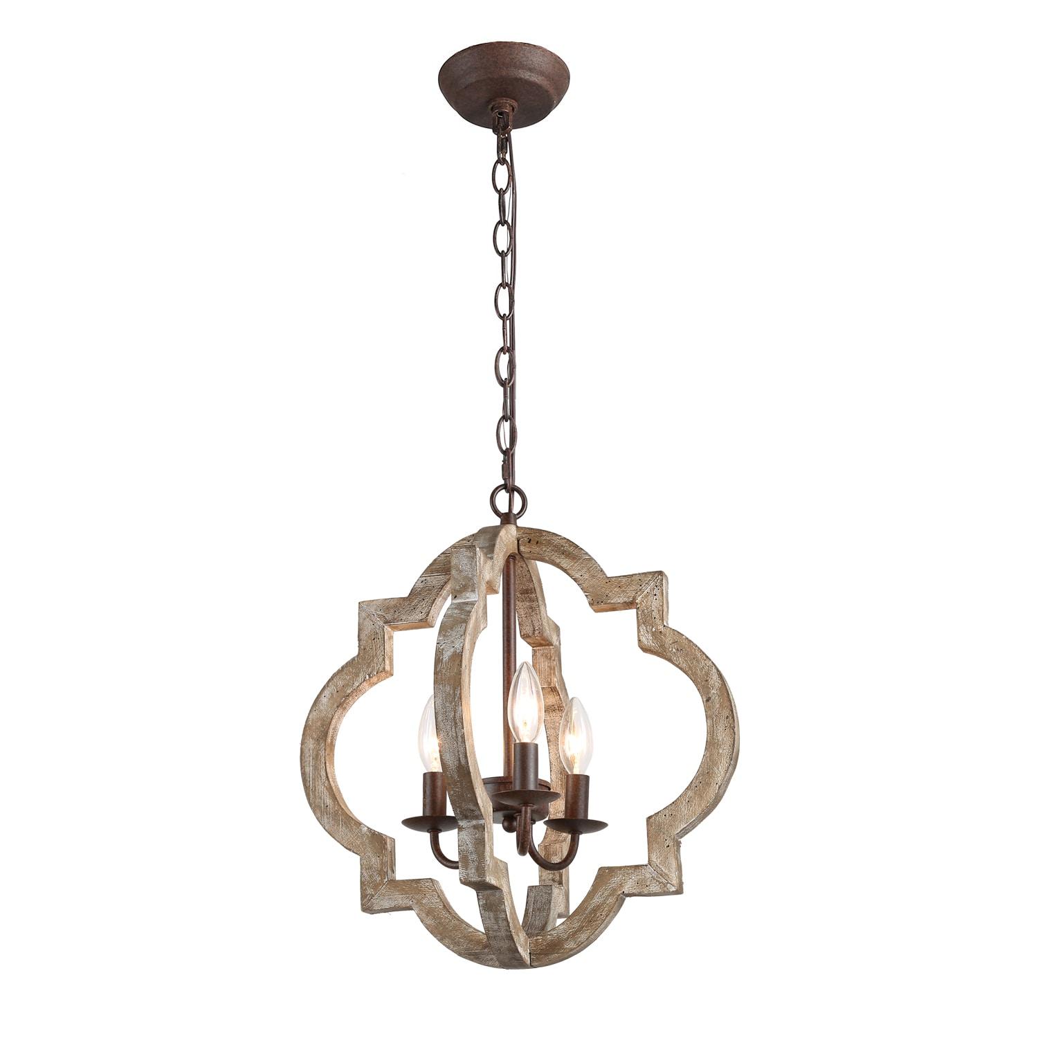 LNC 3-Light Farmhouse Distressed Gray Wood and Rustic Bronze Cage LED Chandelier