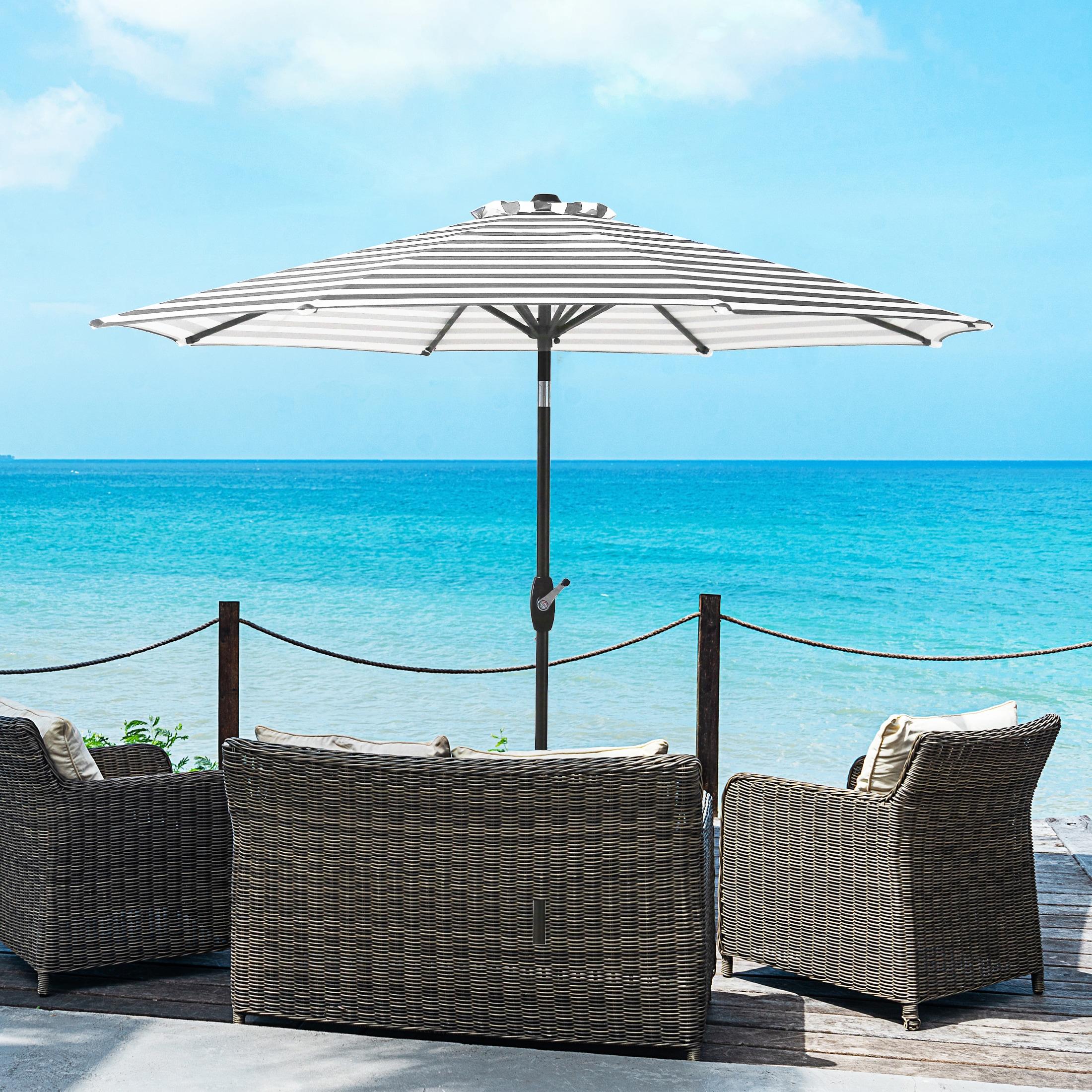 Westin Outdoor 9 Ft Umbrella with Round Resin Plastic Base Weight Included for Patio Garden UV Water Weather Resistant, Gray/White Stripe