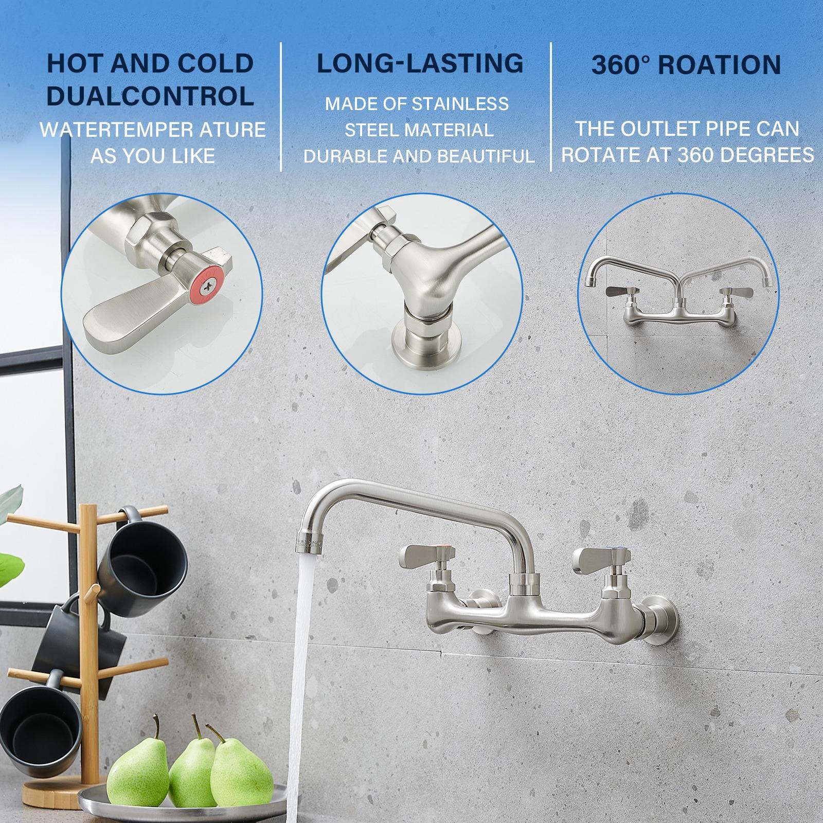 BWE Double Handles Wall Mount Modern Standard Kitchen Faucet With 8 Inch Swivel Spout 8" Center