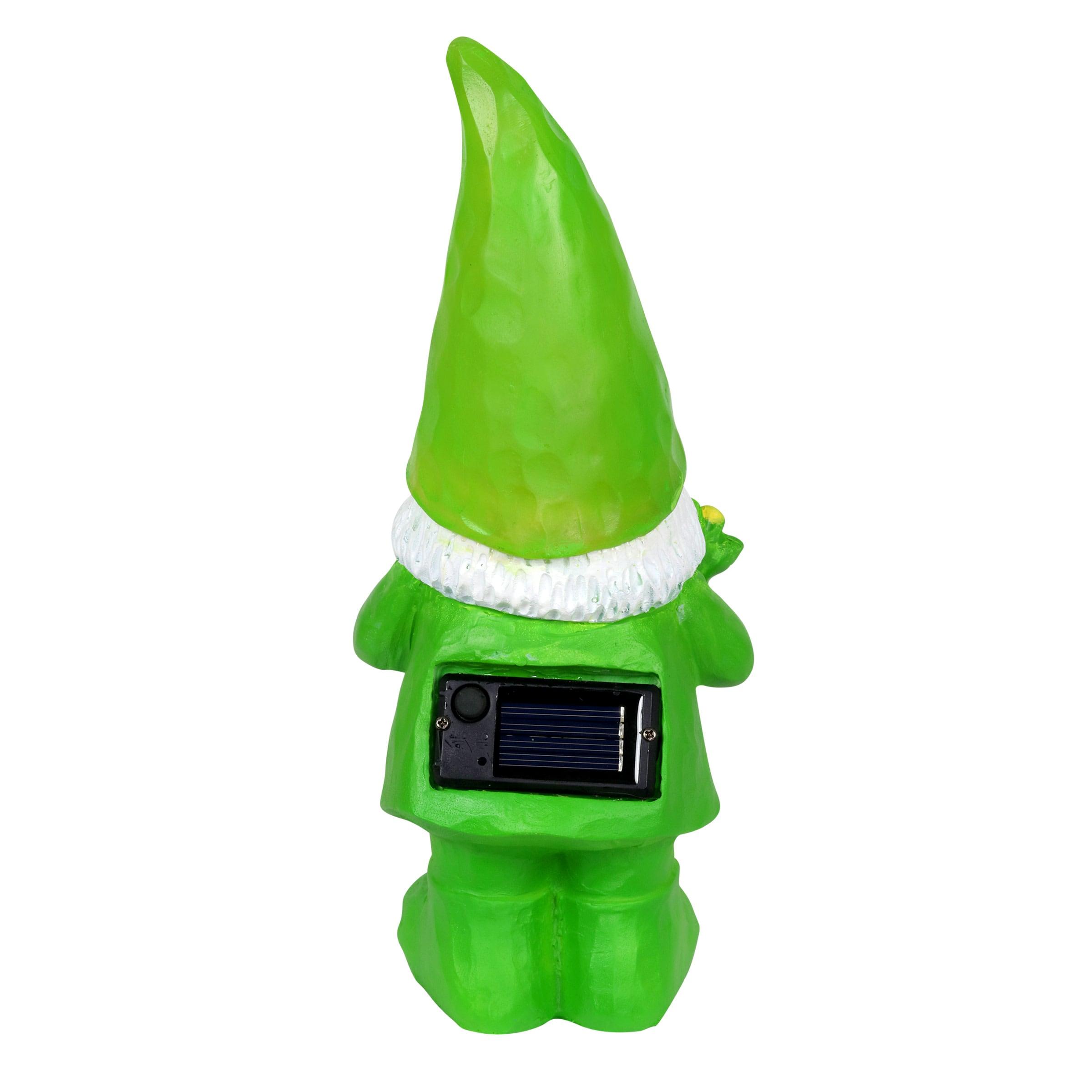 Green LED Solar-Powered Resin Garden Gnome with Flowers