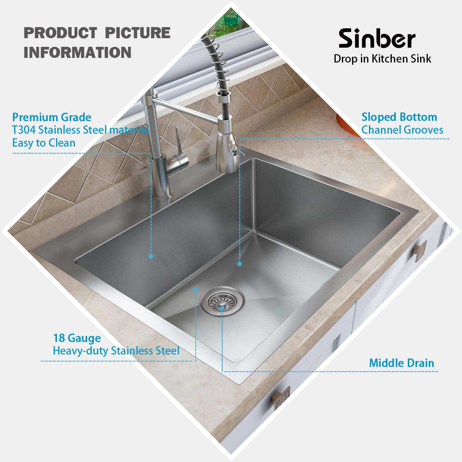 Sinber 25" x 22" Drop In Single Bowl Kitchen Sink with 18 Gauge 304 Stainless Steel Satin Finish