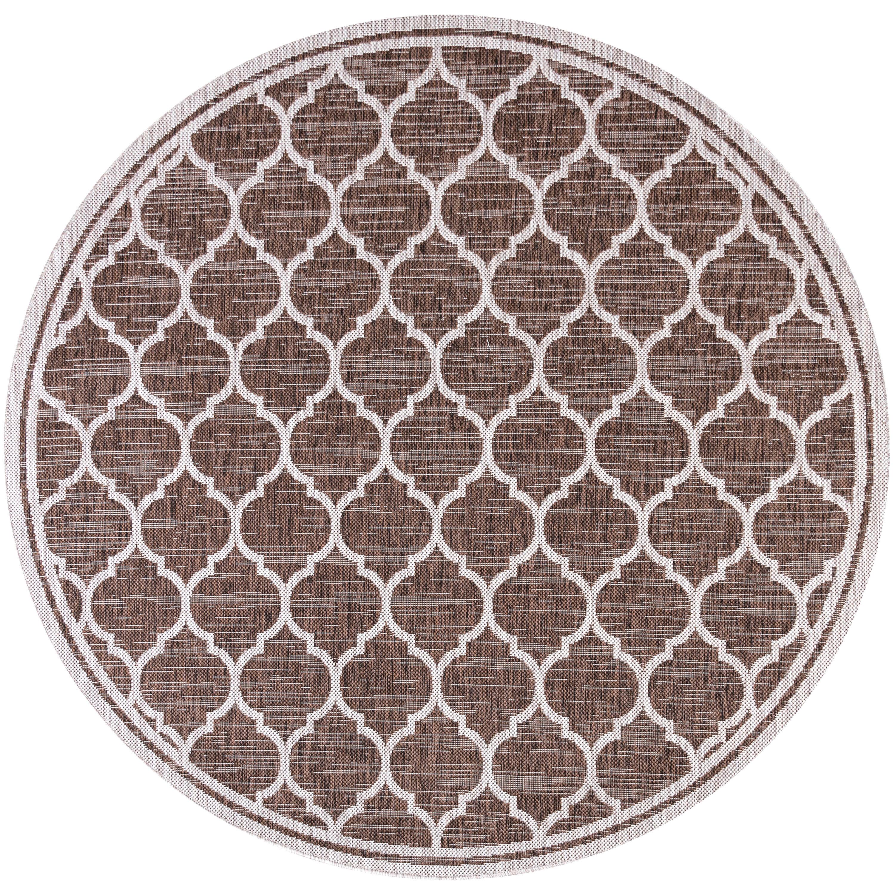 5' Round Trebol Moroccan Trellis Textured Weave Indoor/Outdoor Area Rug, Espresso/Taupe - JONATHAN Y