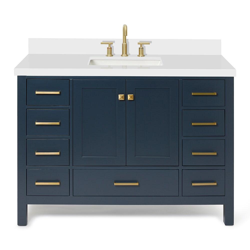 ARIEL 49" Bathroom Vanity with 1.5" Edge Pure White Quartz Countertop & Backsplash, Center Rectangular Sink, 2 Soft Closing Doors, 9 Full Extension Dovetail Drawers, Brushed Nickel - Midnight Blue