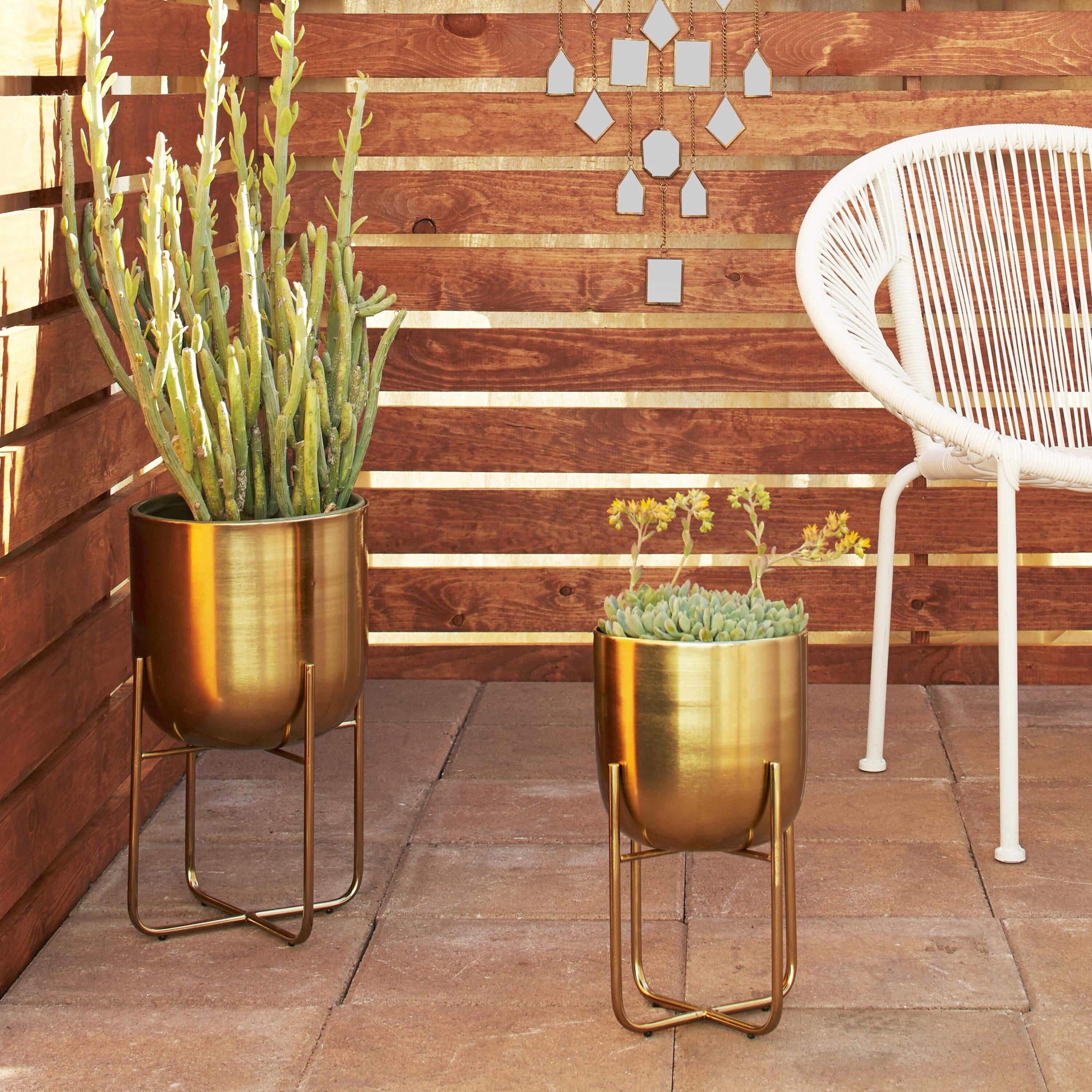 Gold Brushed Dome Metal Planter Set with Stands