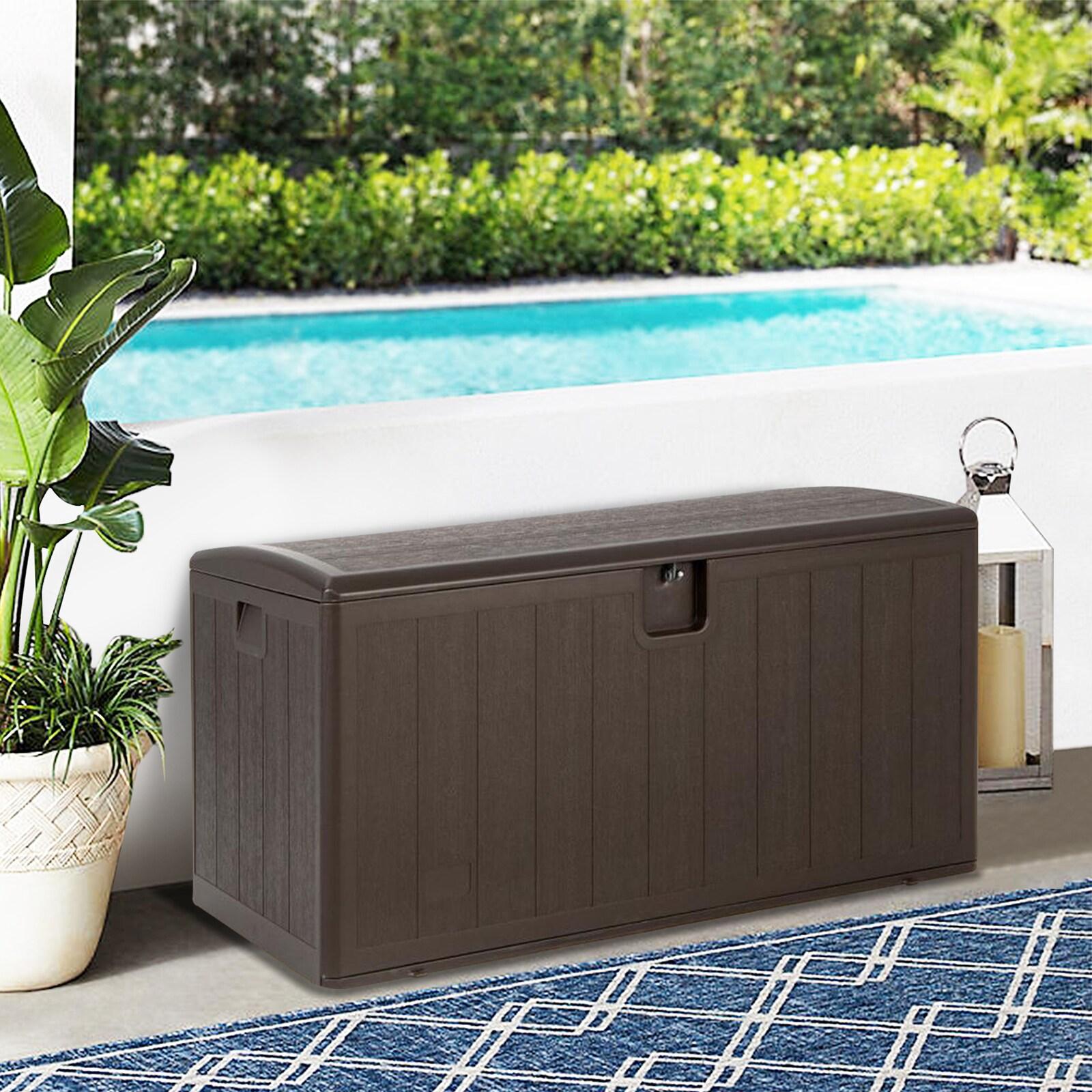 Plastic Development Group 105-Gallon Weather-Resistant Plastic Resin Outdoor Patio Storage Deck Box with Soft-Close Lid, Java Brown