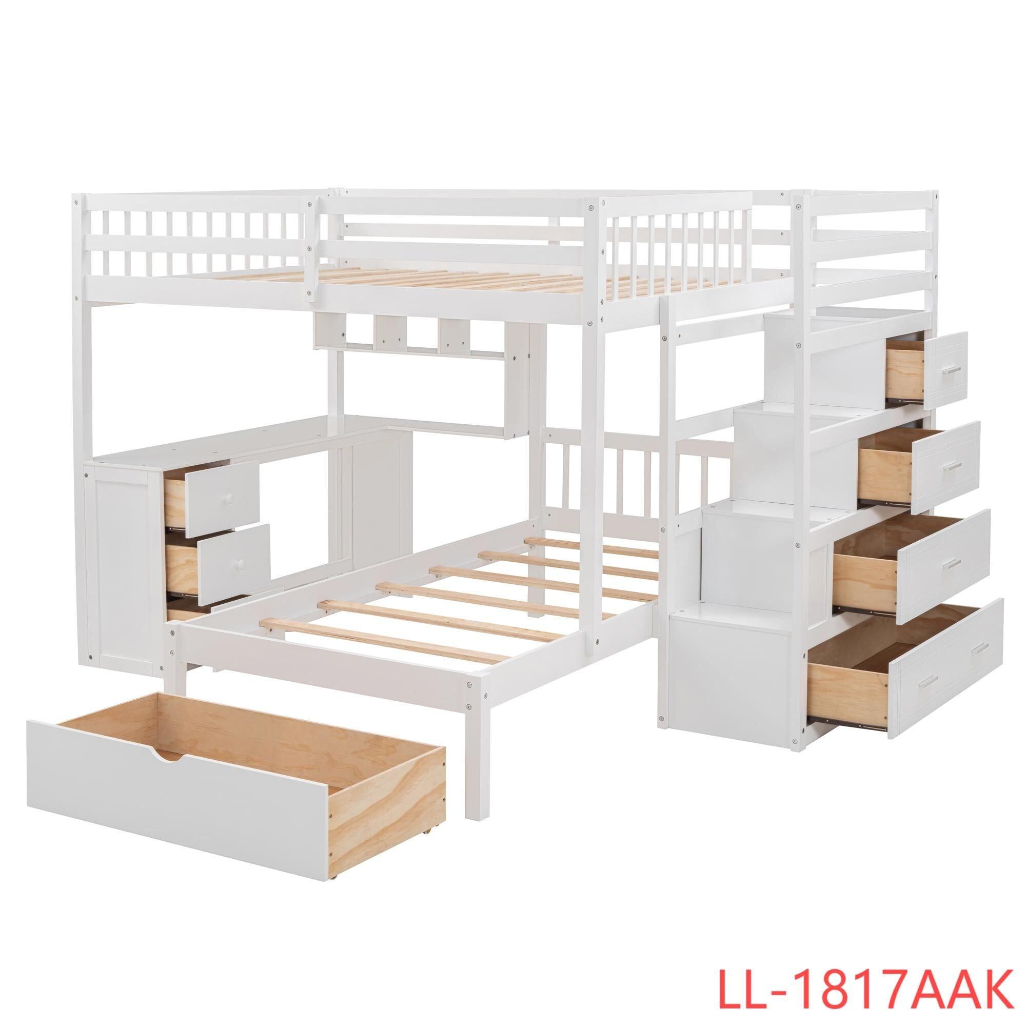 Harper & Bright Designs Full Over Twin Bunk Bed with Stairs, Storage Drawers, Full Size Loft Bed Frame with Desk and Shelves, White