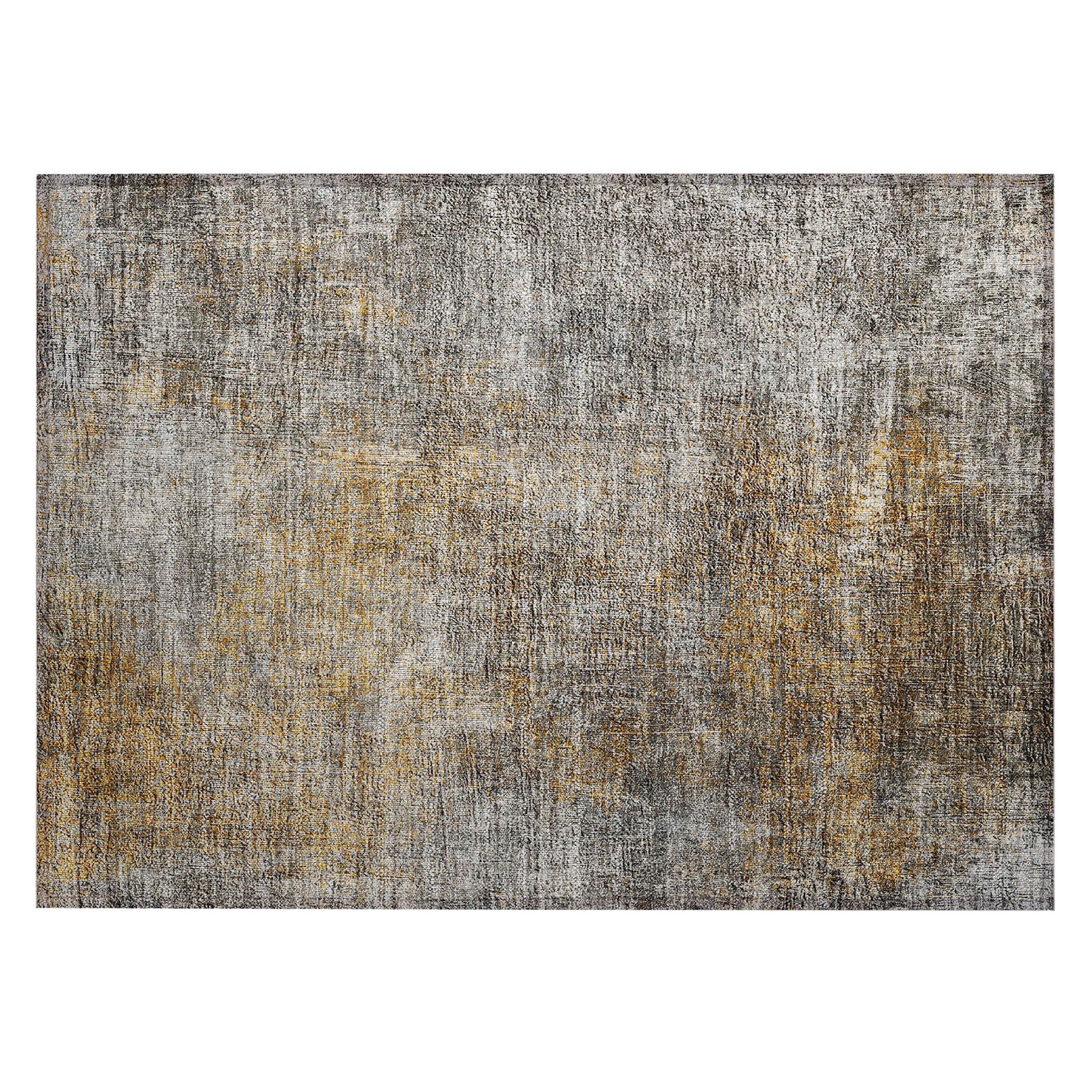 Gray and Gold Rectangular Machine Washable Area Rug