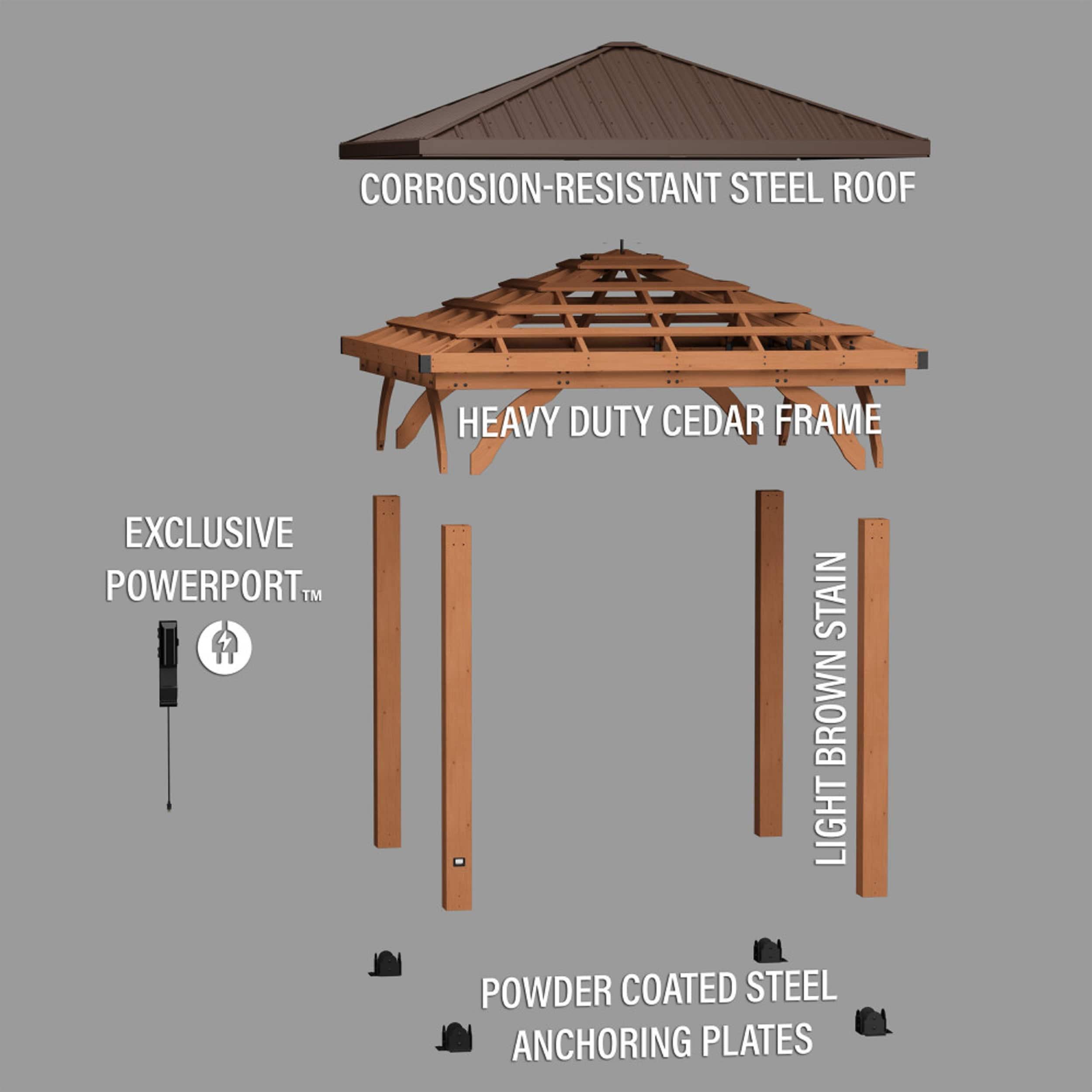 Backyard Discovery Barrington 10' x 10' Cedar Wood Gazebo, Galvanized Steel Roof, PowerPort