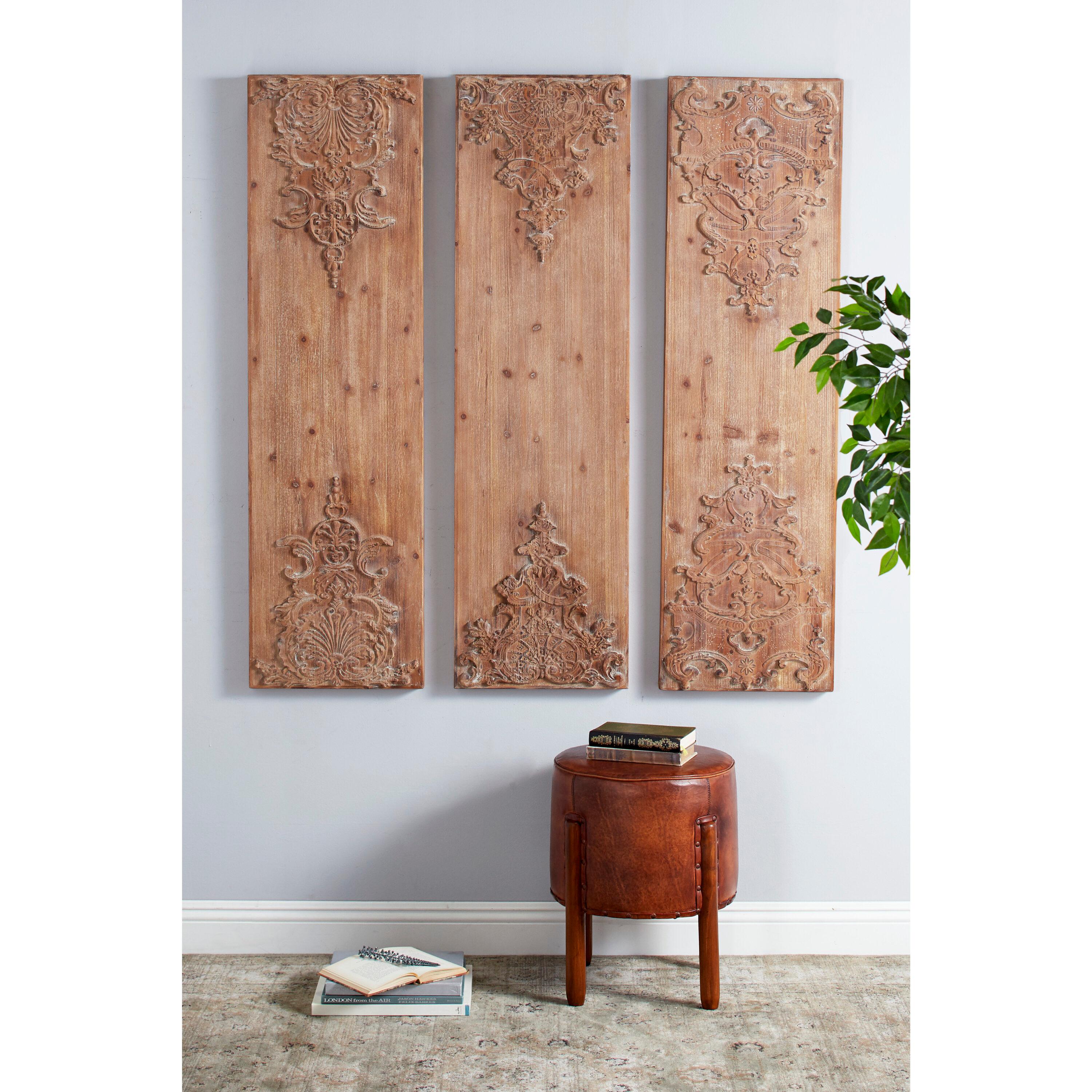 Wood Floral Carved Antefix Wall Decor Set of 3 Brown - Olivia & May: Rustic Style, Indoor Vertical Panels