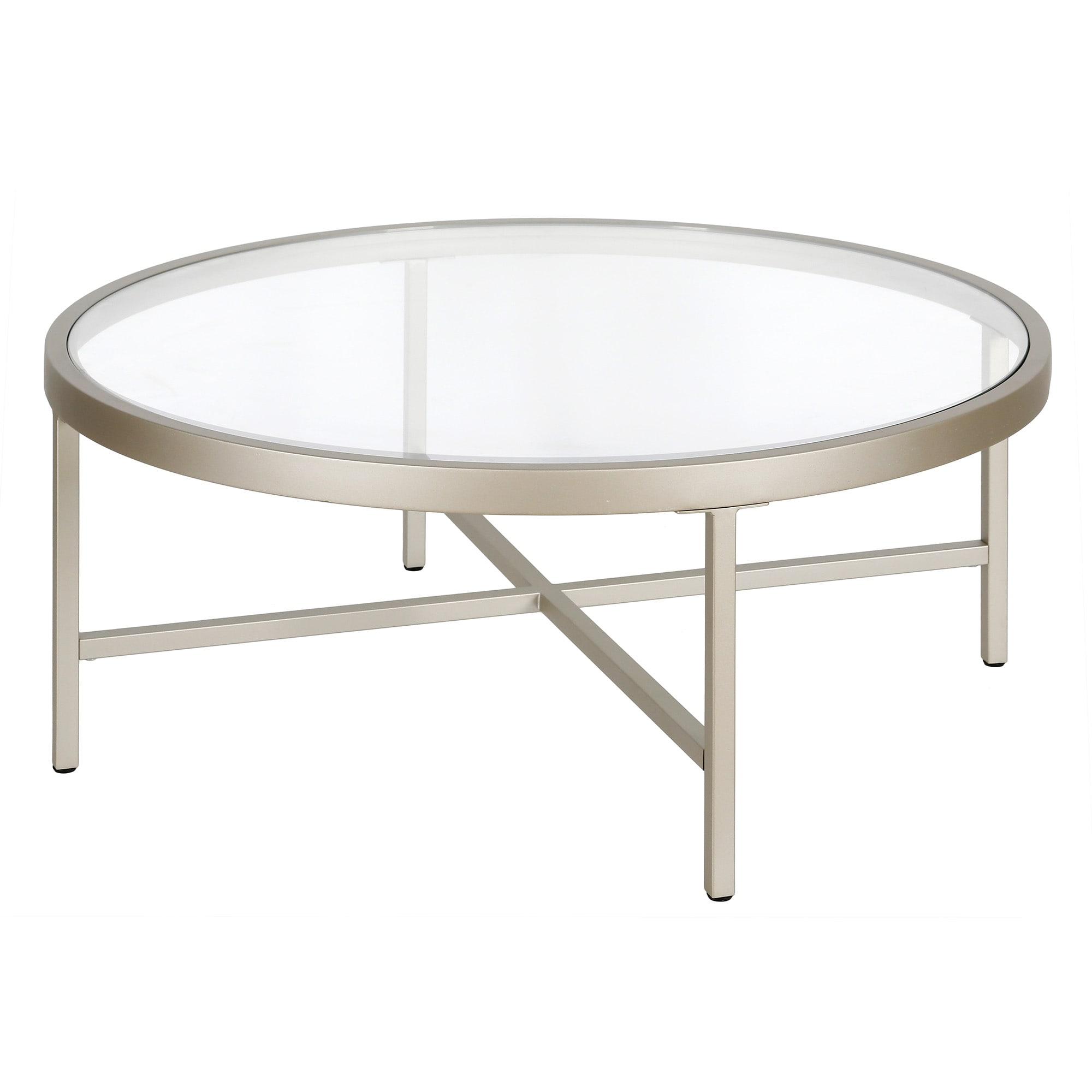 Evelyn&Zoe Xivil 36" Wide Round Coffee Table with Glass Top, Satin Nickel