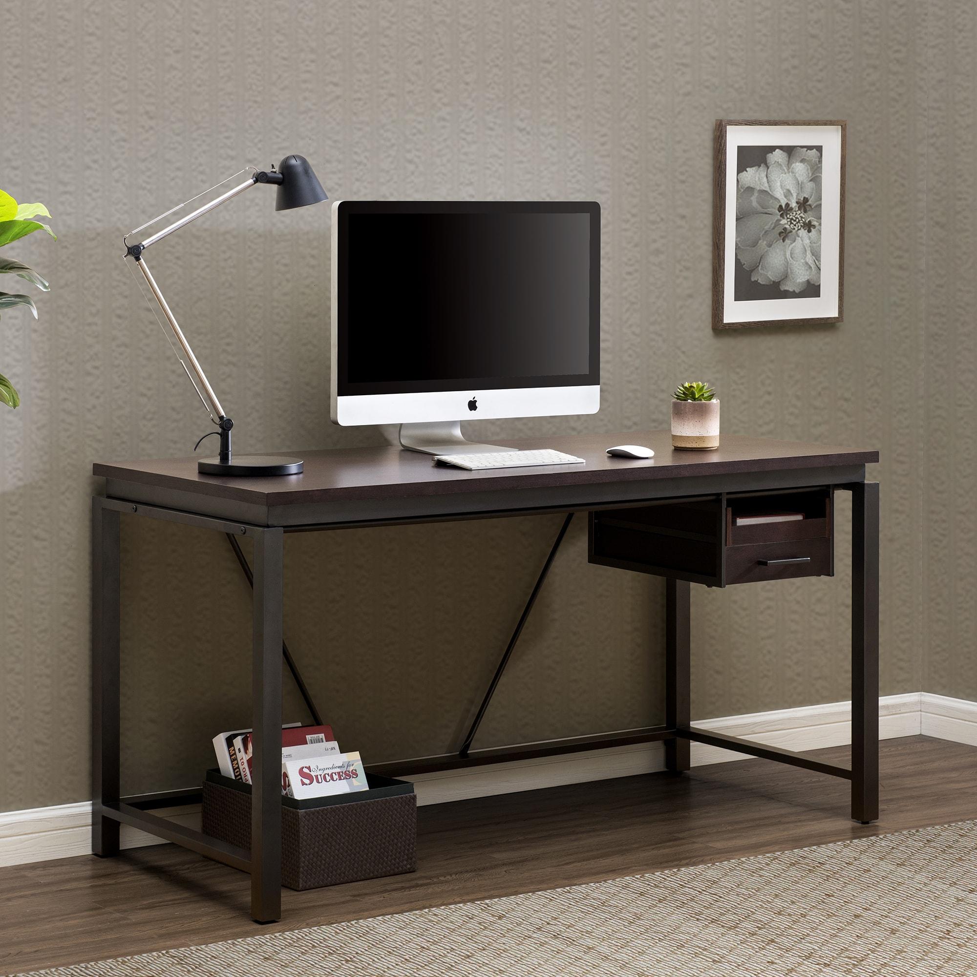 Sunjoy 58" Brown Wood Finish Writing Study Laptop Computer Desk Home Office Workstation with Motion Storage Drawer and Metal Frame