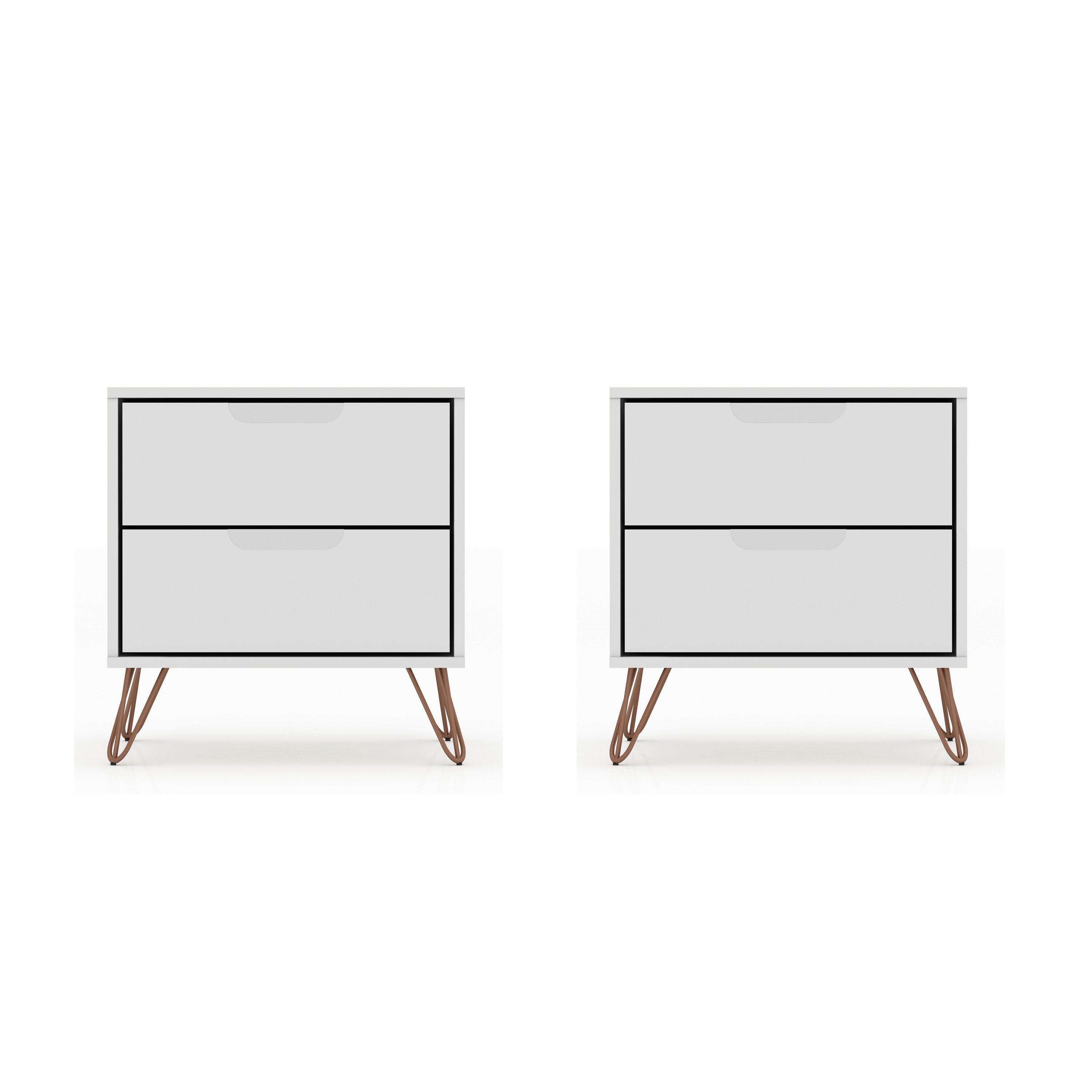 Set of 2 Rockefeller 2 Drawer Nightstands White - Manhattan Comfort: Modern Splayed Metal Legs, MDF