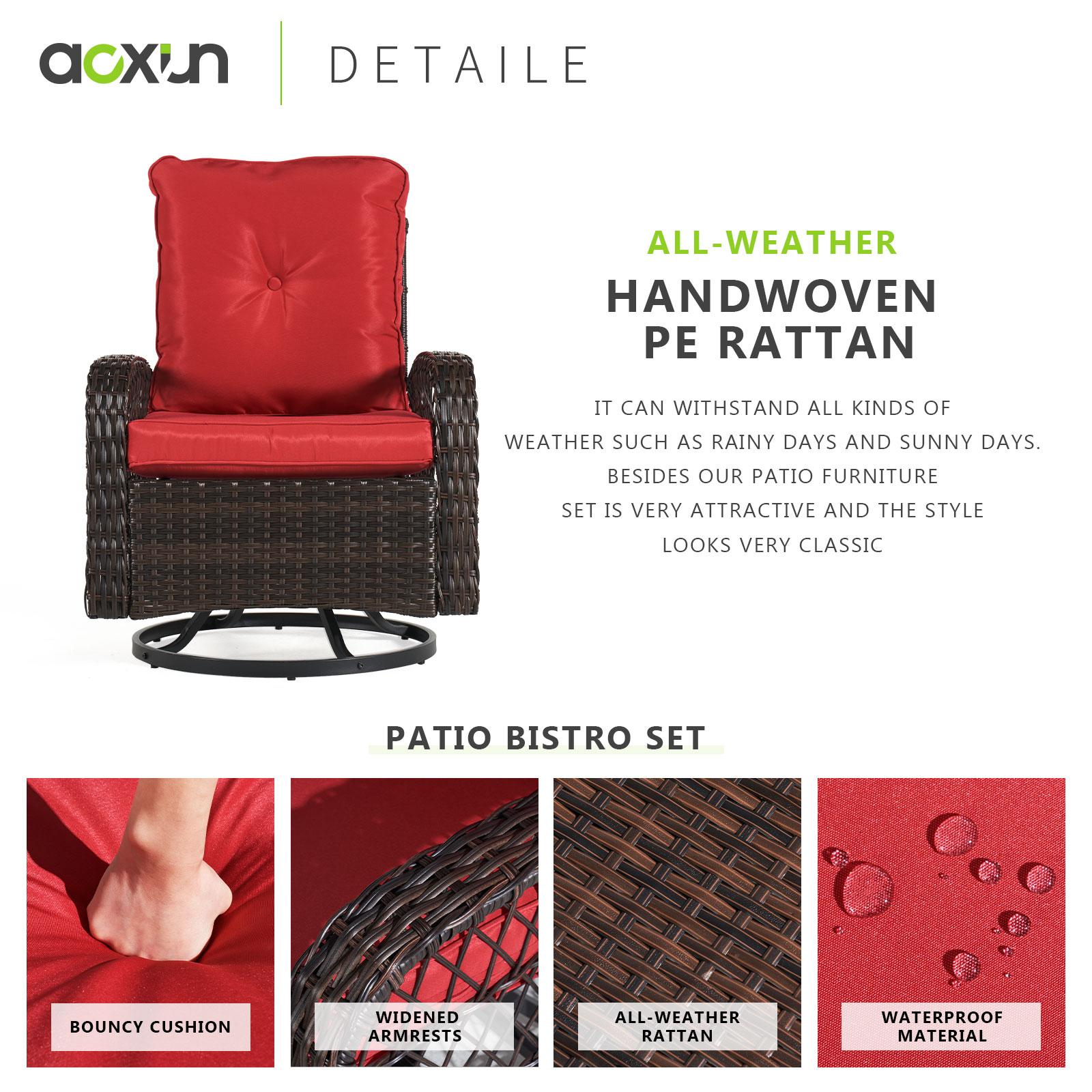 ECOPATIO 3 Pieces Patio Furniture Set, Outdoor Swivel Gliders Rocker, Wicker Patio Bistro Set with Rattan Rocking Chair, Glass Top Side Table and Thickened Cushions for Porch Deck Backyard(Red)