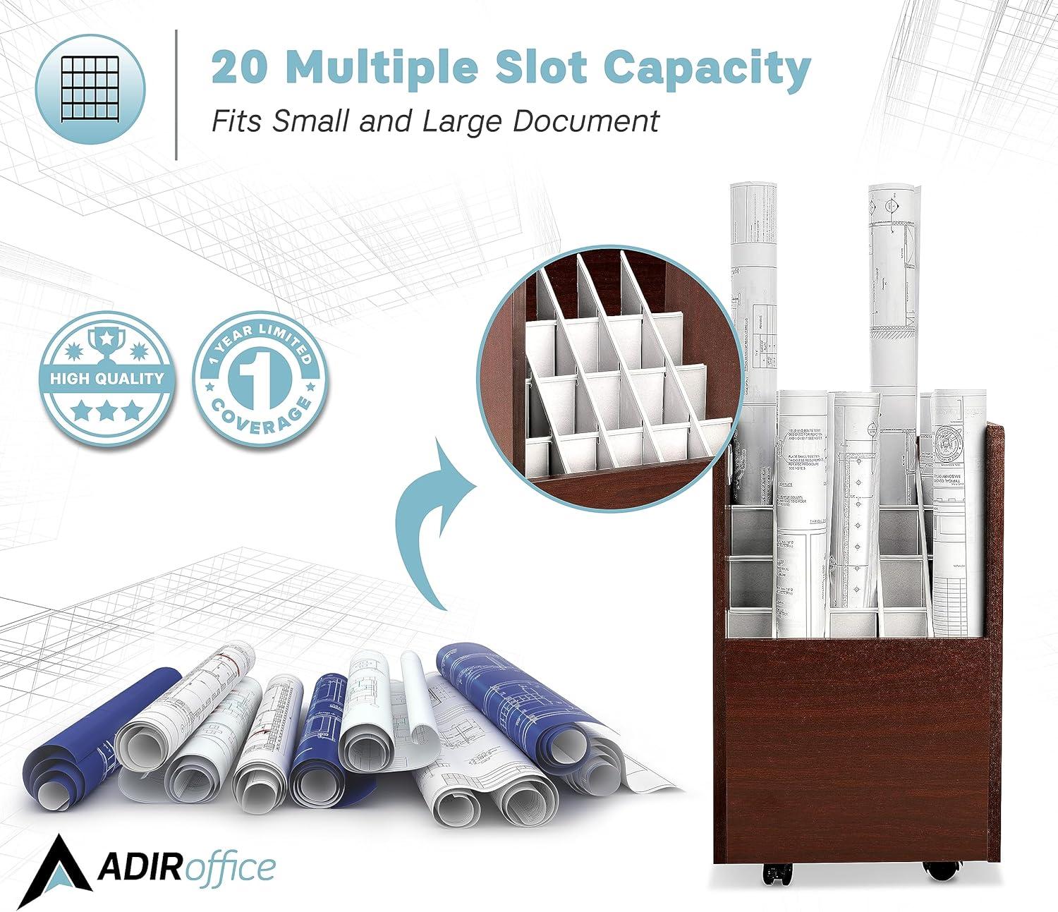 AdirOffice 20-Slot Mobile Rolling Wood Blueprint Roll File Large Document Organizer