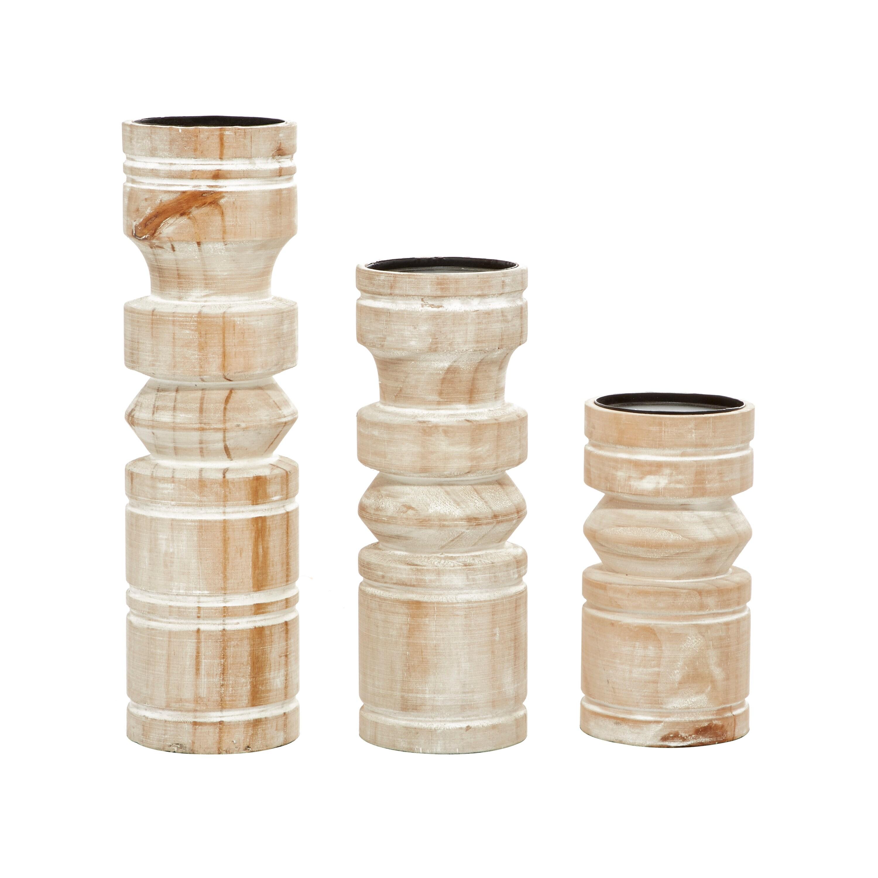 DecMode 3 Candle Brown Wood Pillar Candle Holder with White Wash Finish, Set of 3