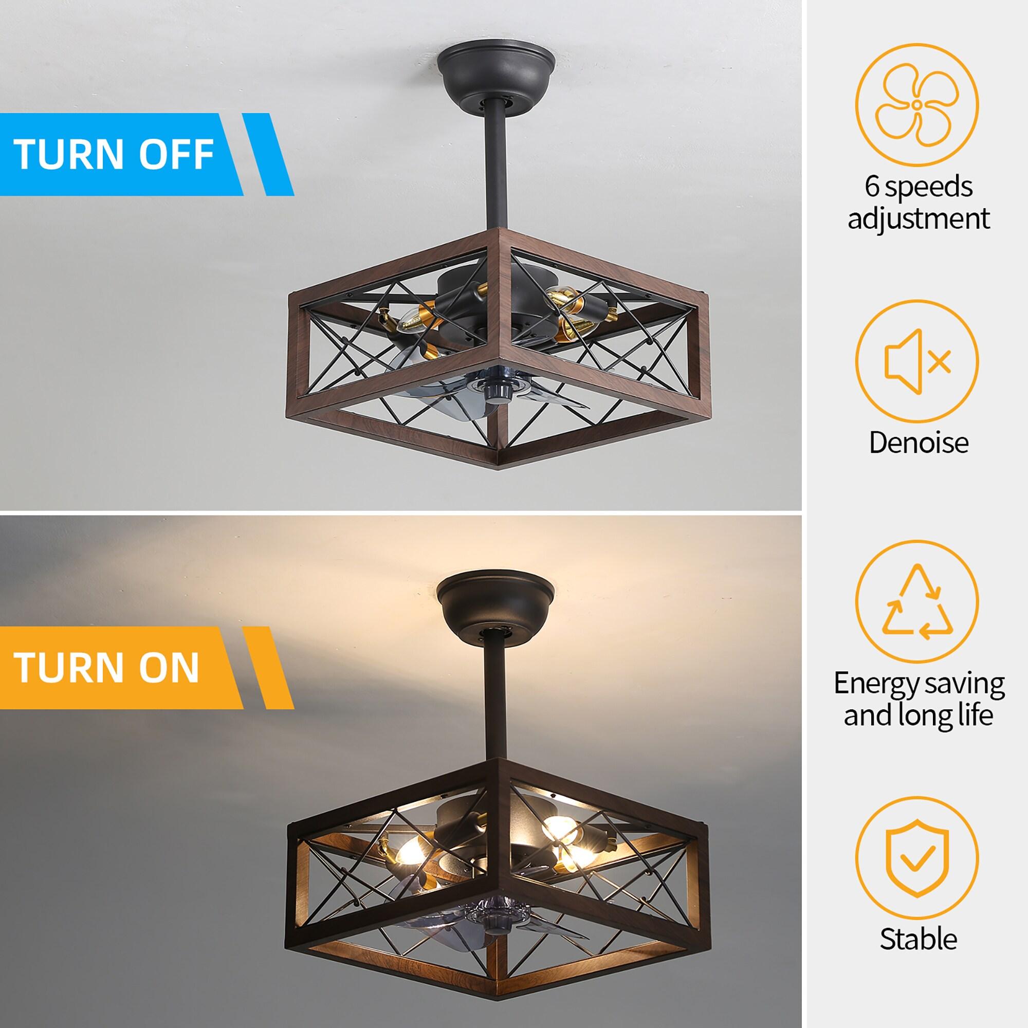 Yesurprise Caged Ceiling Fan with Lights, 18" Square Ceiling Fan with Remote & APP Control, 5 ABS Blades, 6 Speed Wind, Reversible DC Motor, 1H/2H/4H Timing for Living Room (Bulbs Include)