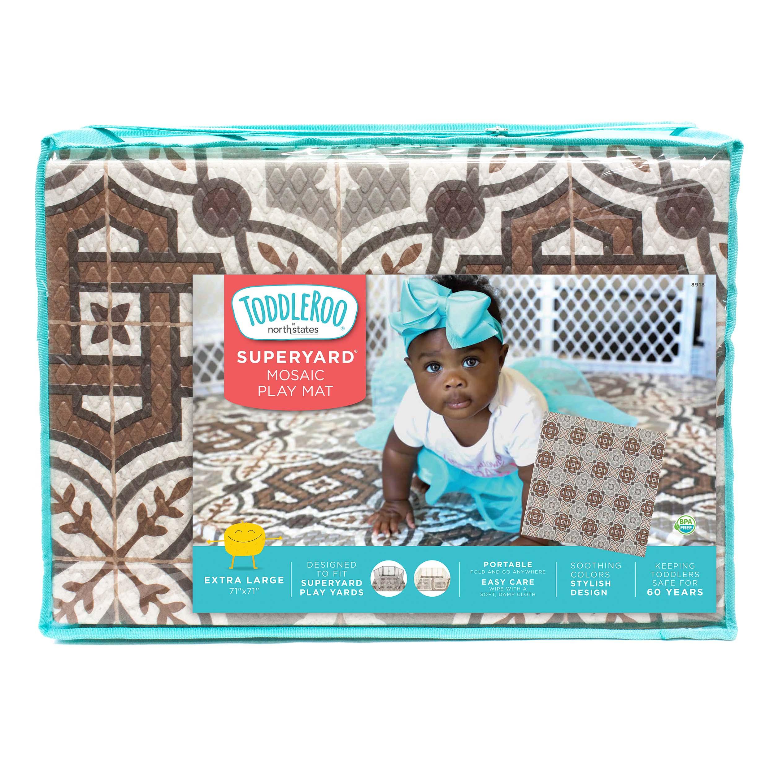Toddleroo by North States 71" x 71" Foldable Mosaic Padded Play Mat. Extra Large Foam Baby Play Mats for Floor, Waterproof Tummy Time Mat for Indoor & Outdoor Use