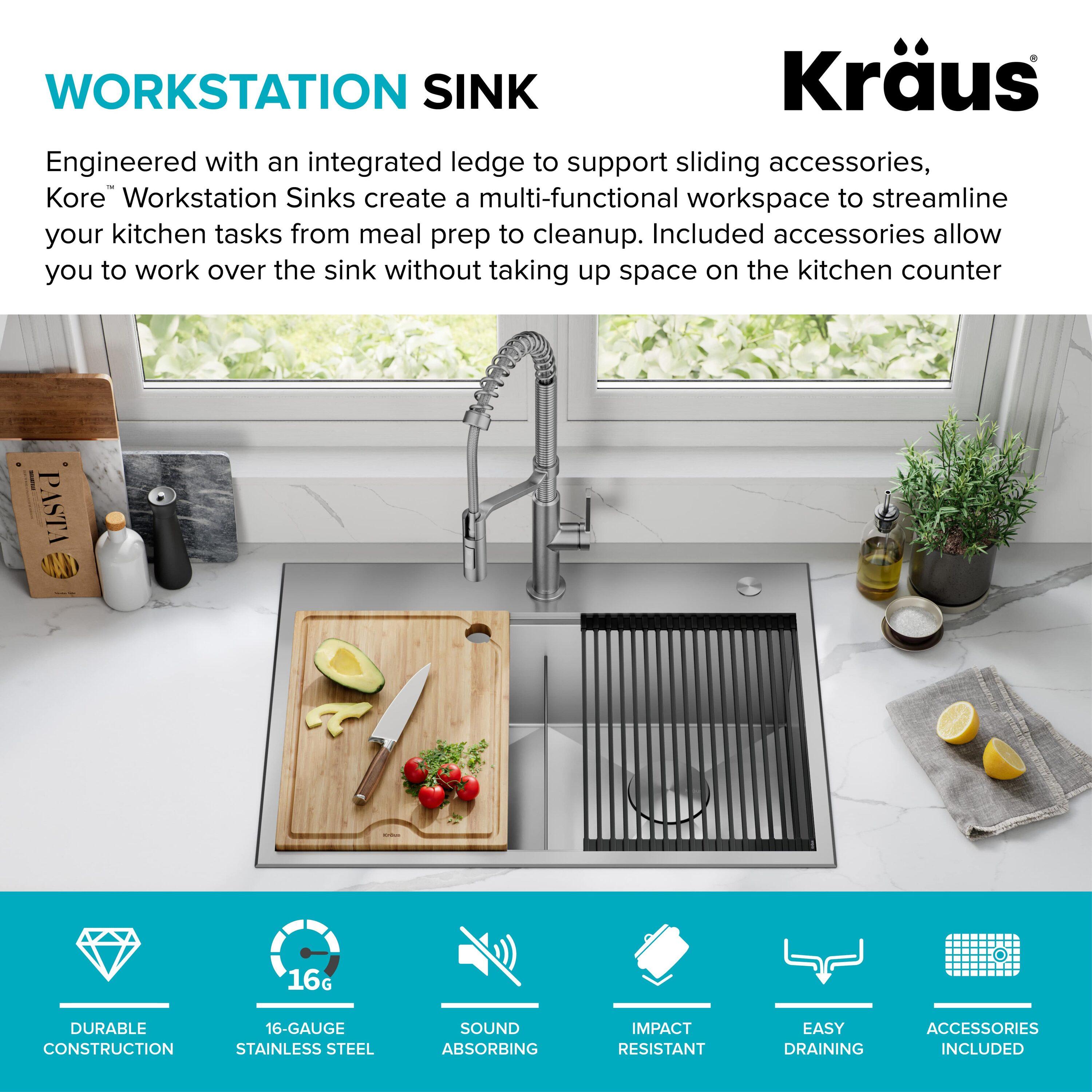 KRAUS Kore™ 30" L Drop-In Workstation 16 Gauge Stainless Steel Double Bowl Kitchen Sink with Accessories