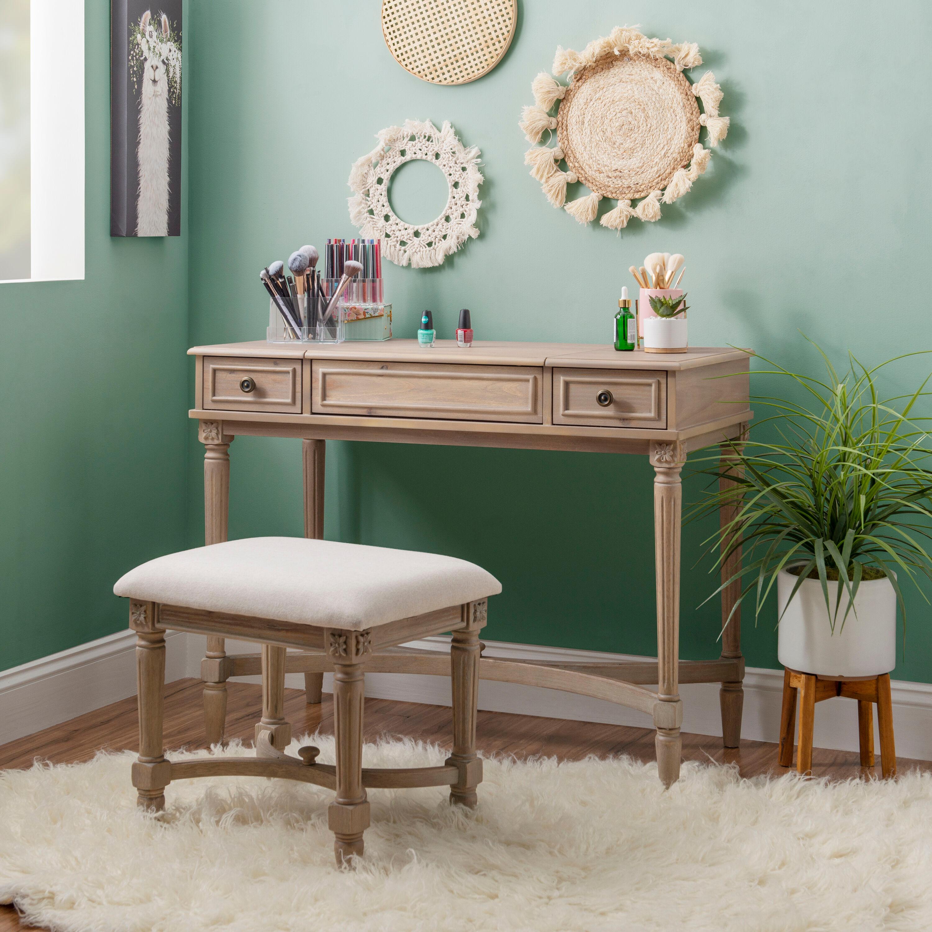 Kelly Clarkson Home June Natural Two Drawer Flip Top Vanity Set with Stool