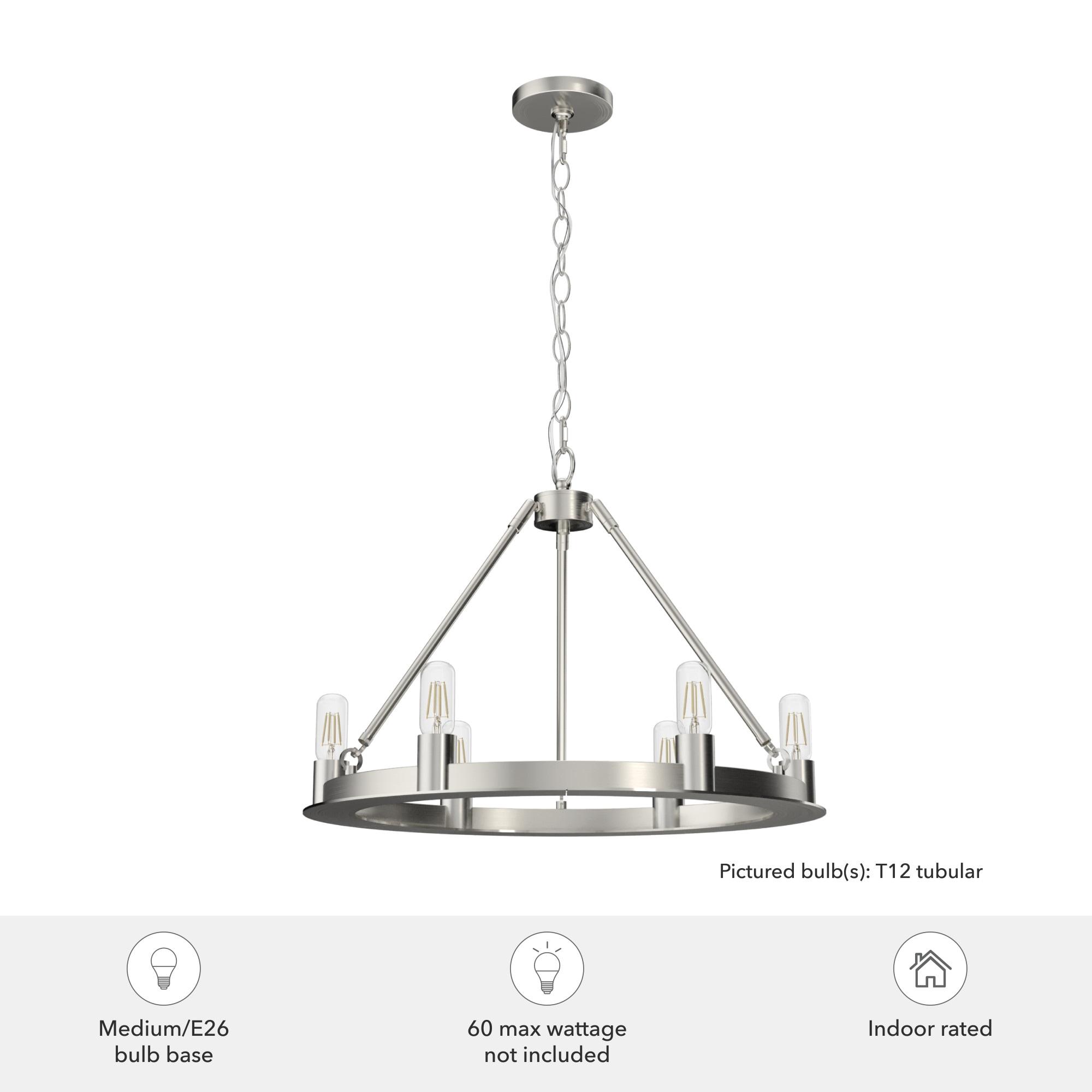 Hunter - Saddlewood 6-light Brushed Nickel, Large Chandelier, Dimmable, Casual Style, Wagon Wheel Shaped, for Bedrooms, Kitchens, Dining, Living Rooms - 19034