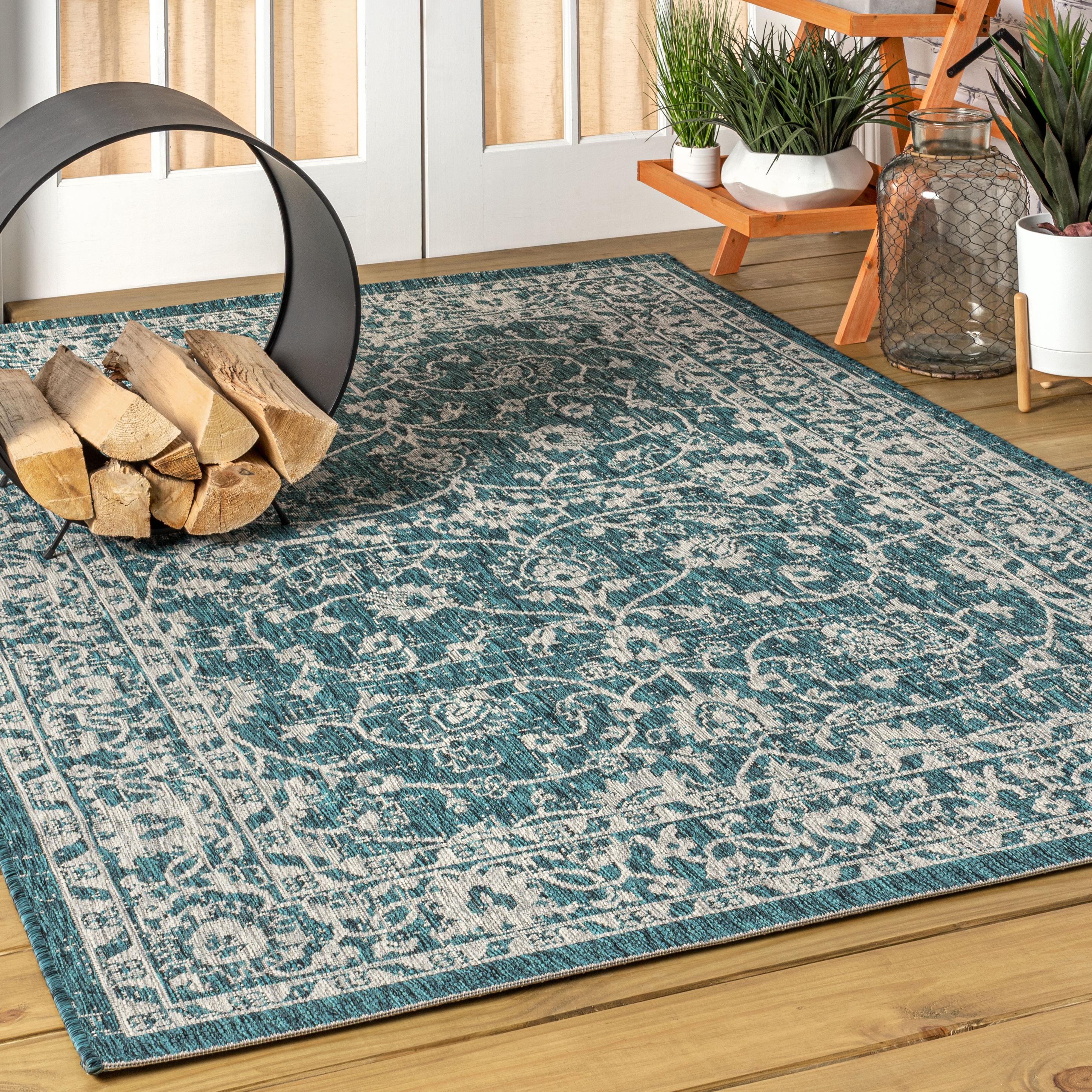 4'x6' Palazzo Vine and Border Textured Weave Indoor/Outdoor Area Rug, Teal/Gray - JONATHAN Y