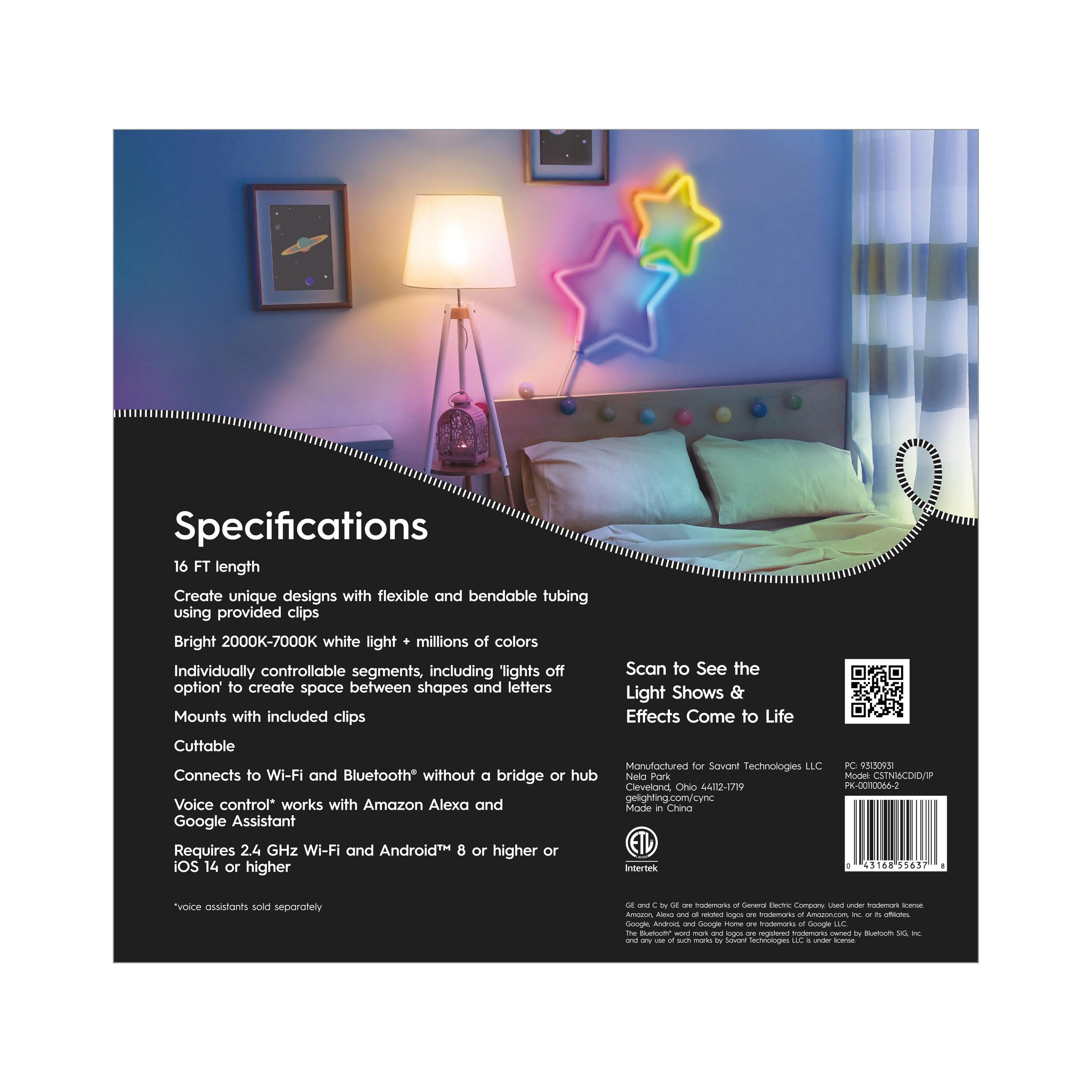 GE Lighting GE Cync Dynamic Effects Smart Neon Shape Light, Color Changing WiFi Lights, 16ft