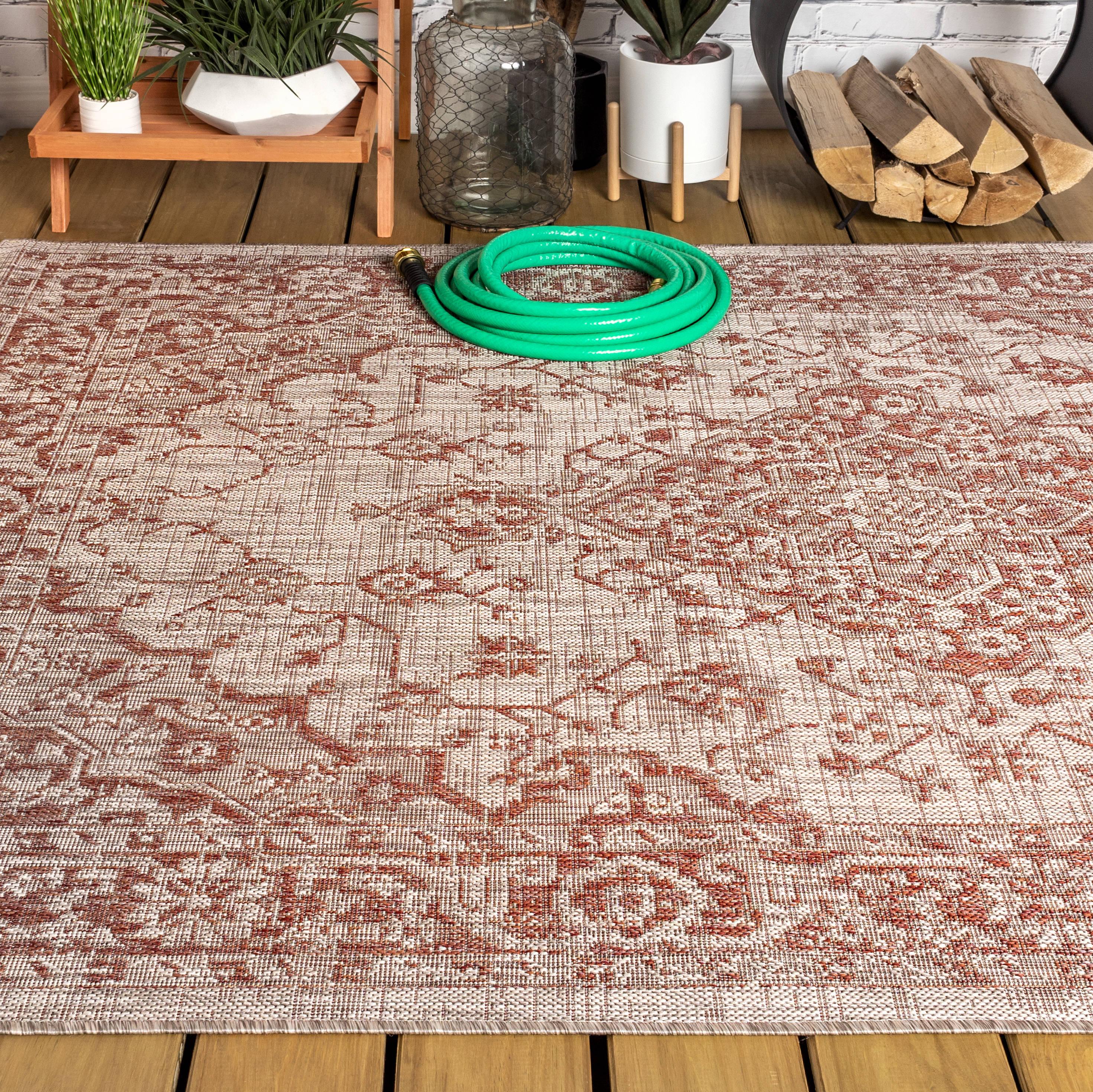4'x6' Rozetta Boho Medallion Textured Weave Indoor/Outdoor Area Rug, Red/Taupe - JONATHAN Y