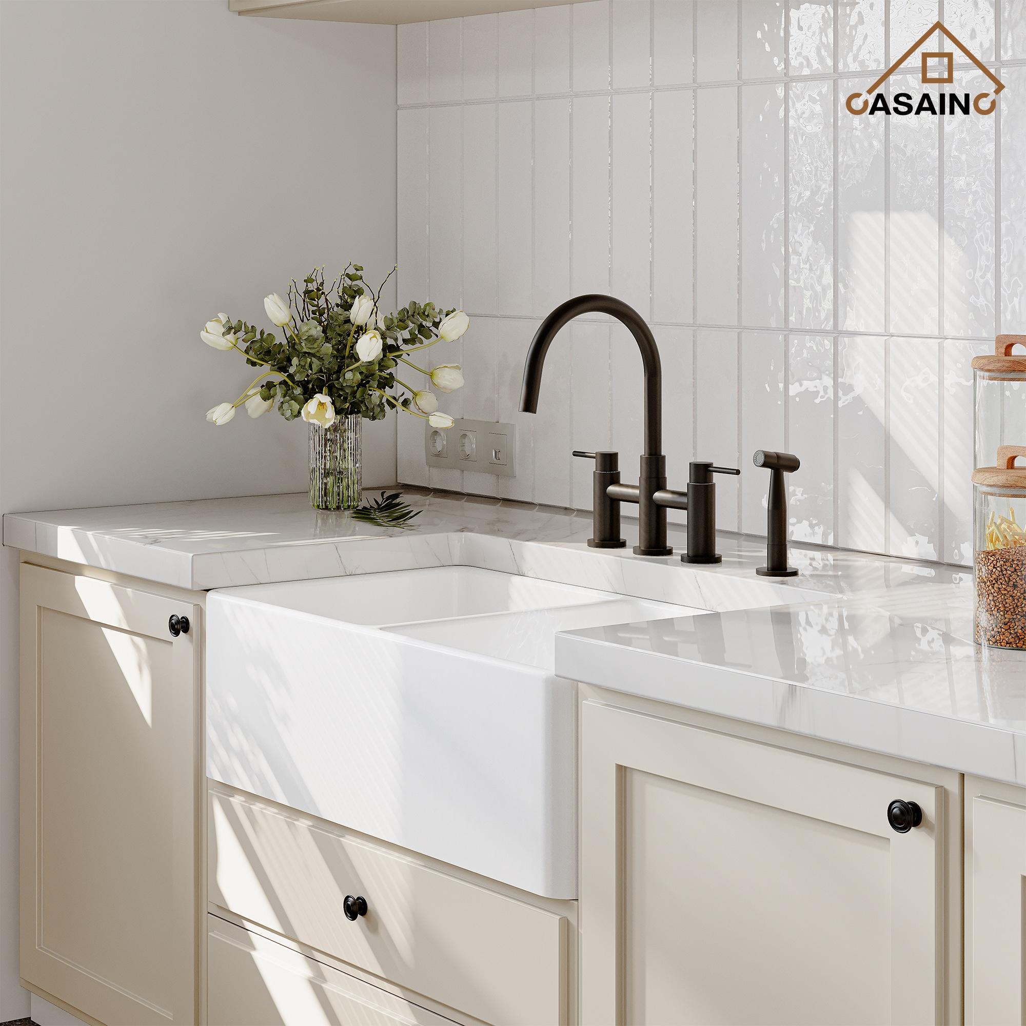 Double Handle 360° swivel Bridge Kitchen Faucet with side sprayer in Matte Black