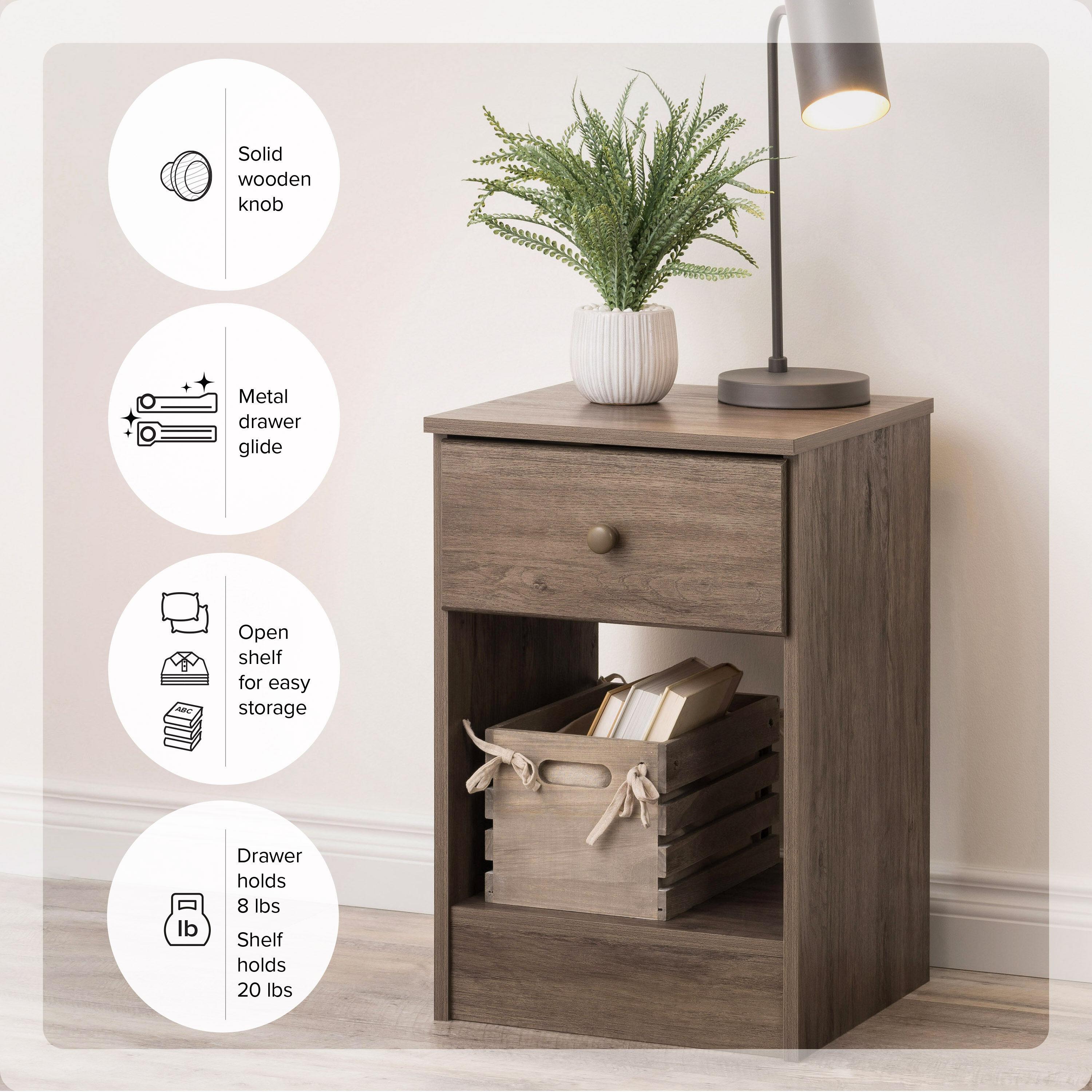 Astrid Drawer Nightstand Drifted Gray - Prepac: Open-Shelf Design, Solid Wood Knobs, Laminated Surface