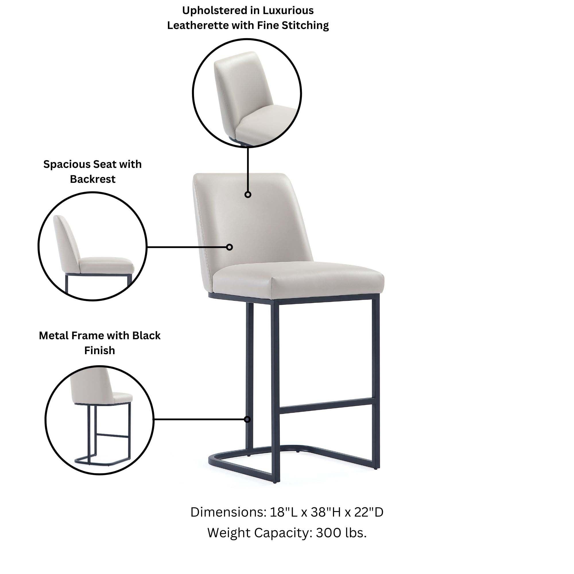 Manhattan Comfort Serena Leatherette Upholstered Metal Counter Height Barstool Light Gray: Modern Sled Base, Padded Back, Footrest