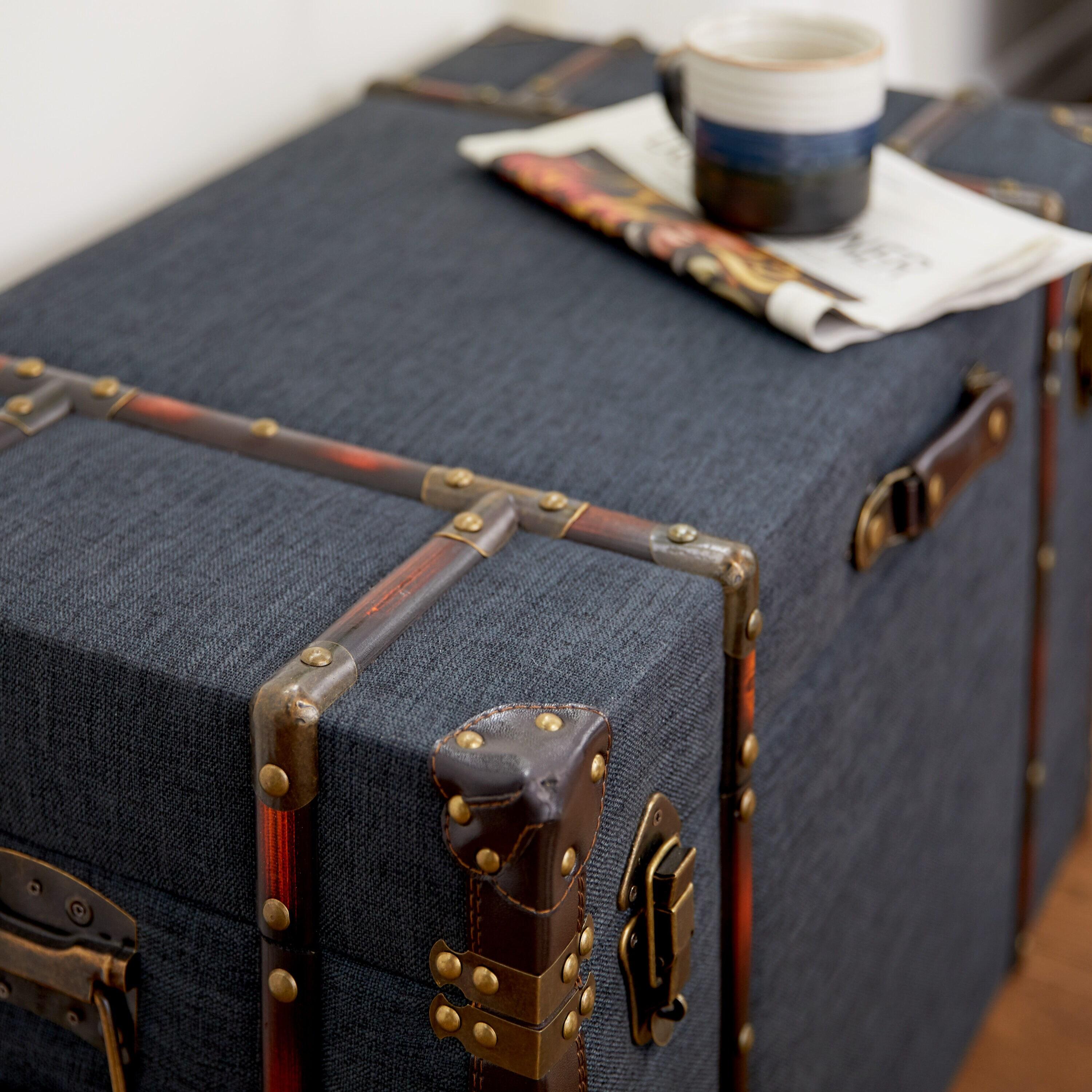 DecMode 24" x 13" Blue Linen Fabric Nesting Upholstered Trunk with Buckle Hinged Top, 3-Pieces