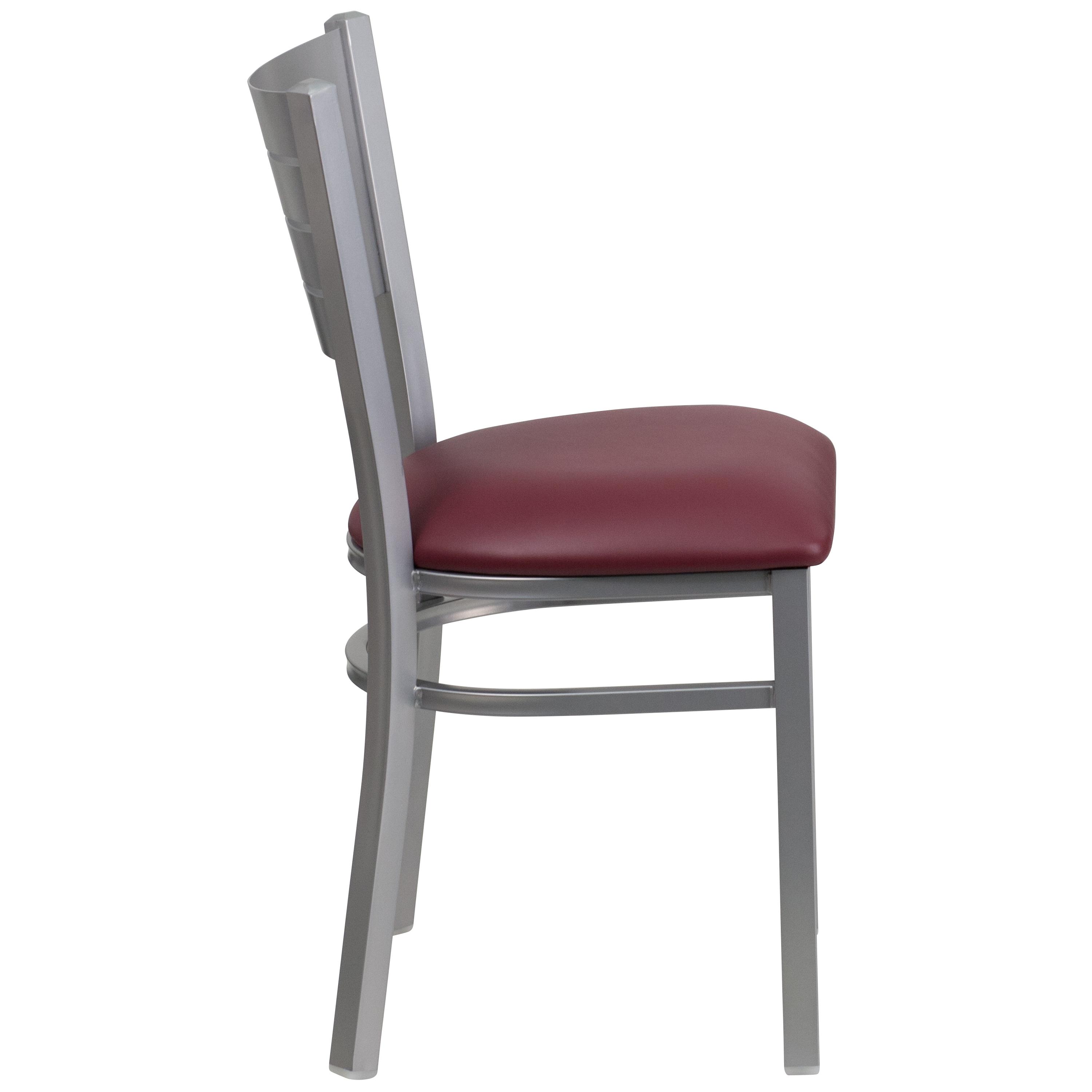 BizChair Silver Slat Back Metal Restaurant Chair - Burgundy Vinyl Seat