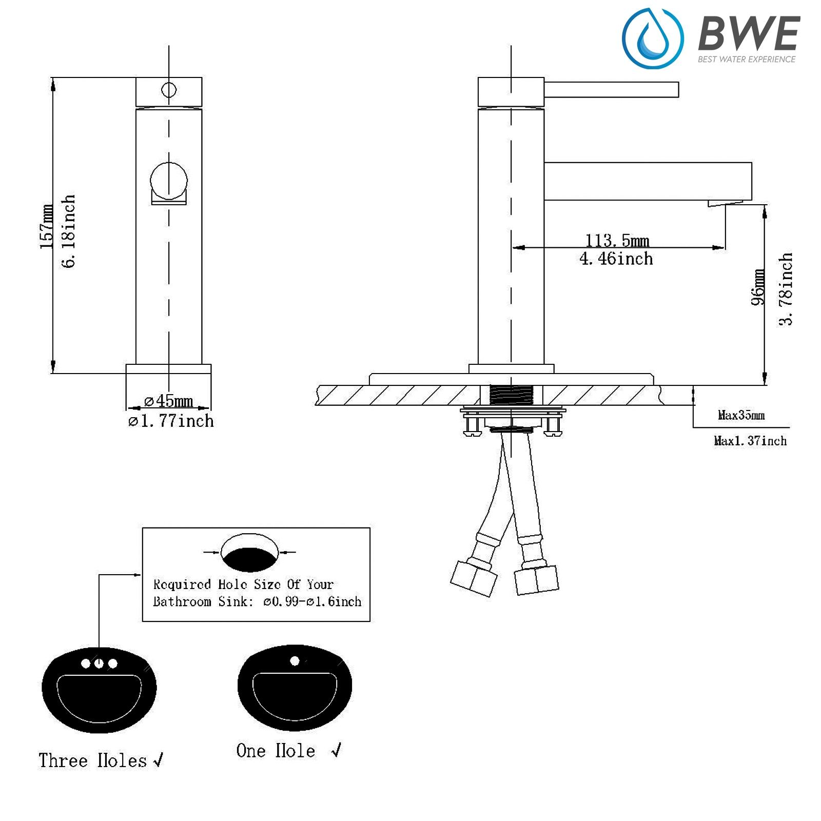 BWE Chrome Bathroom Faucet Single Hole Single Handle for Sink Solid Brass Commercial Lavatory Bath Modern Square Basin Vanity Deck Mount Mixer Tap Supply Line Lead-Free