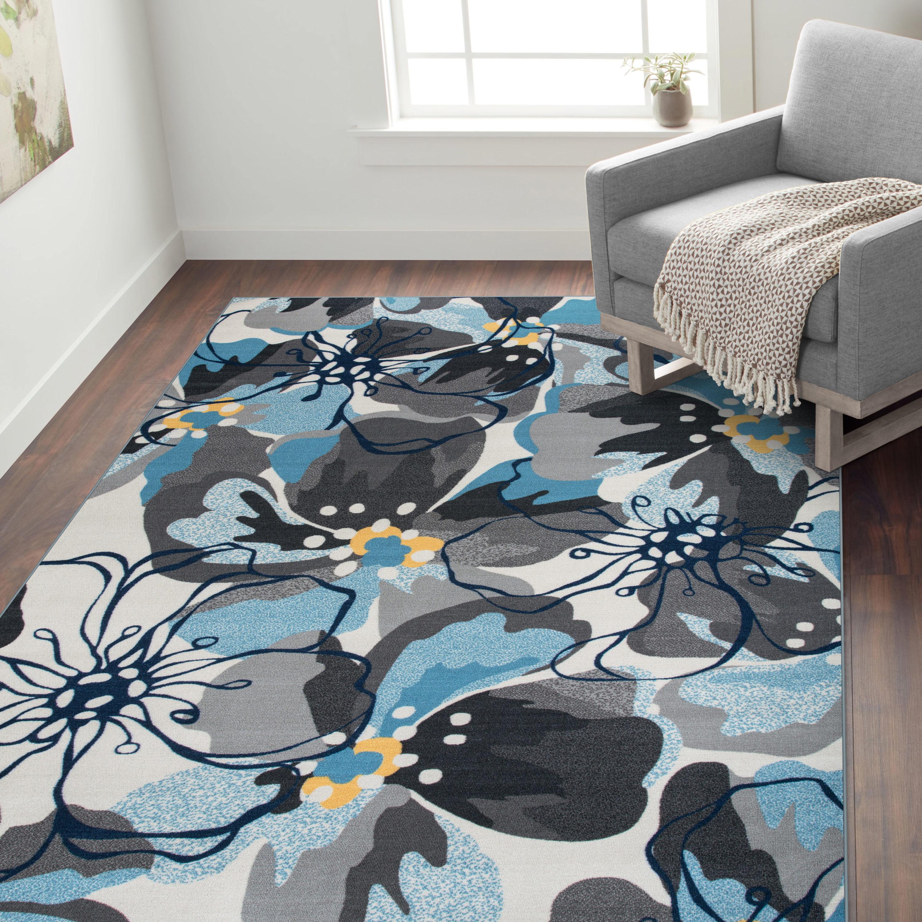 World Rug Gallery  Modern Floral Non-Slip Area Rug Ivory, Blue, Grey 6'6"x9' Pet Friendly, Stain Resistant, Non Slip 6' x 9', 7' x 9' Indoor Living