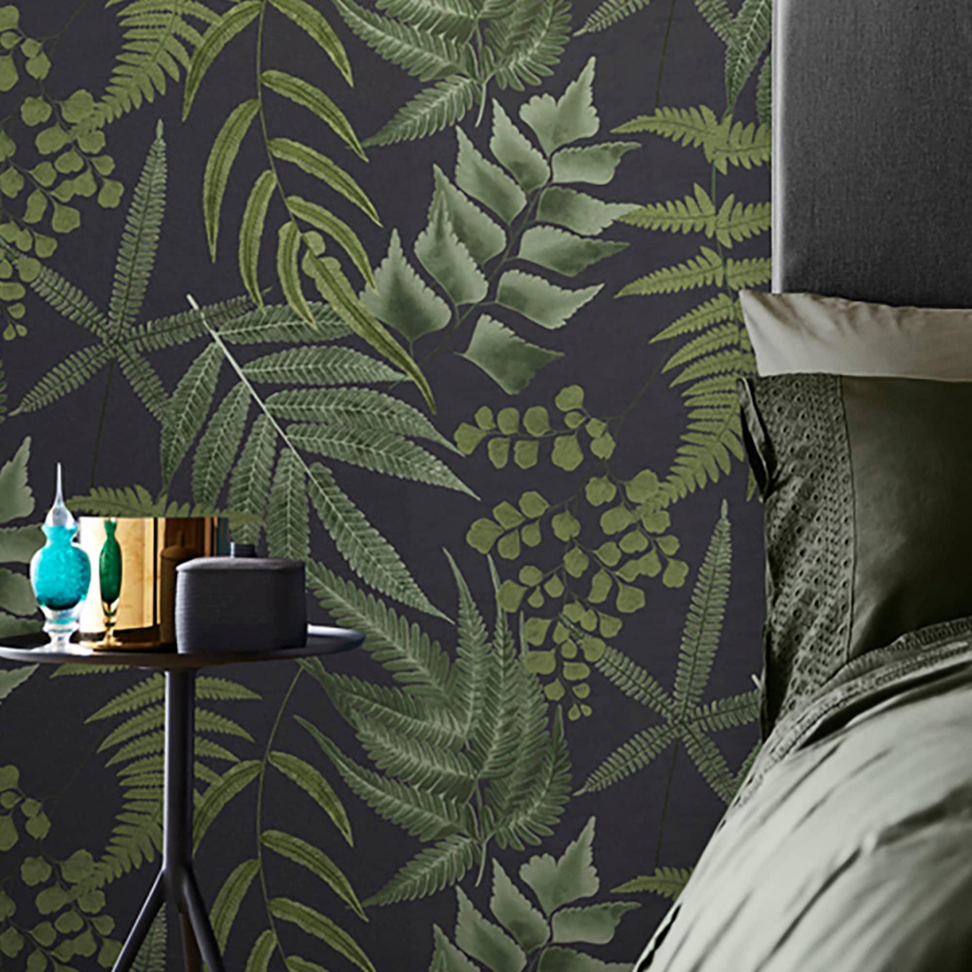 Midsummer Fern Black and Green Tropical Leaves Paste the Wall Wallpaper