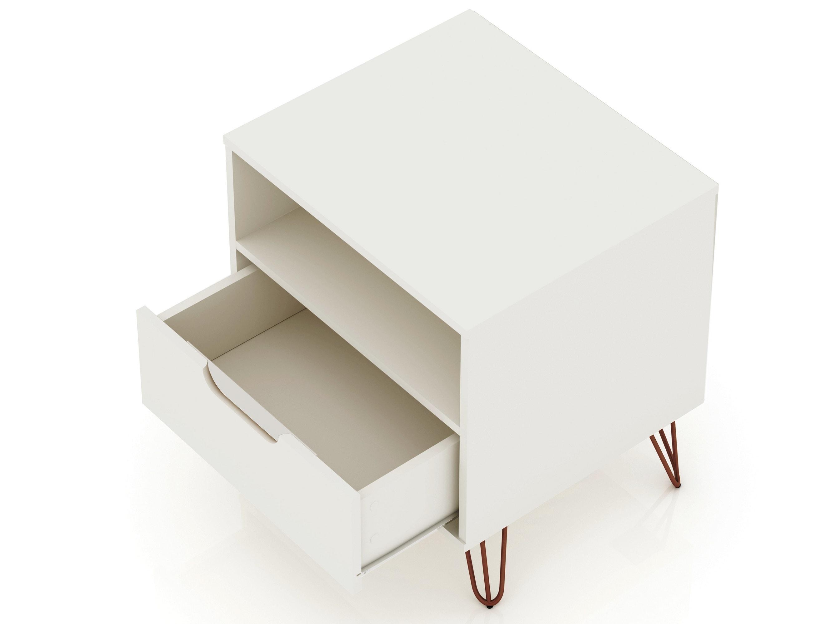 Set of 2 Rockefeller 1 Drawer Nightstands Off White - Manhattan Comfort: Mid-century Design, Metal Legs, Concealed Storage