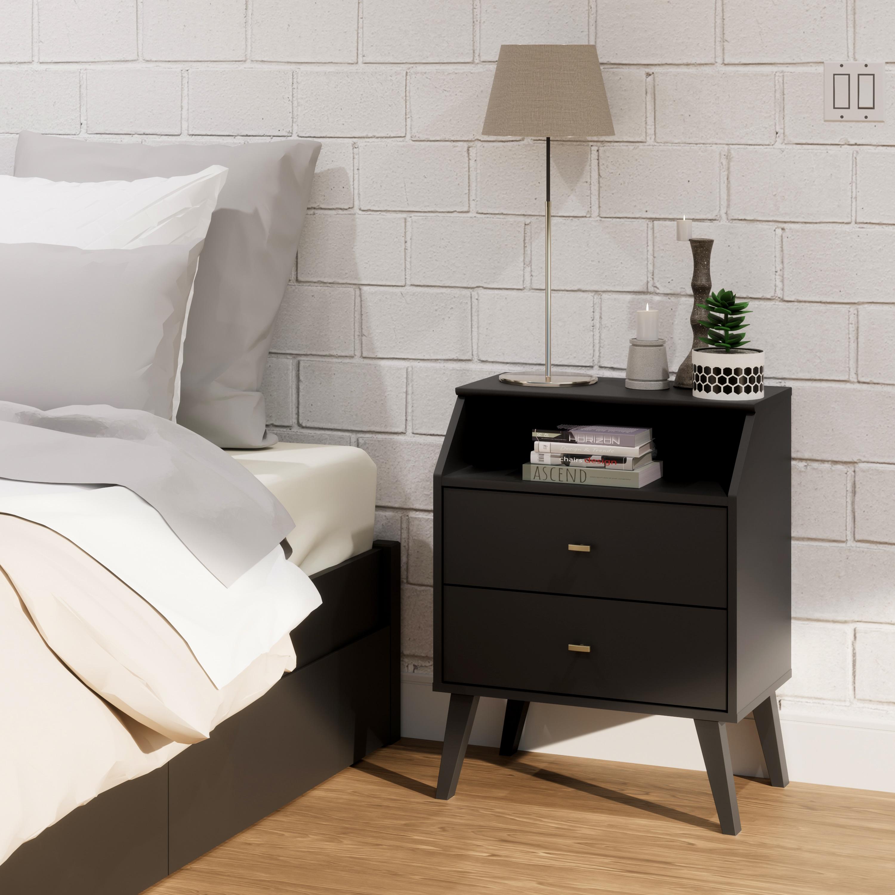 Prepac Milo Mid-Century Modern 2-Drawer Bedroom Nightstand, Black