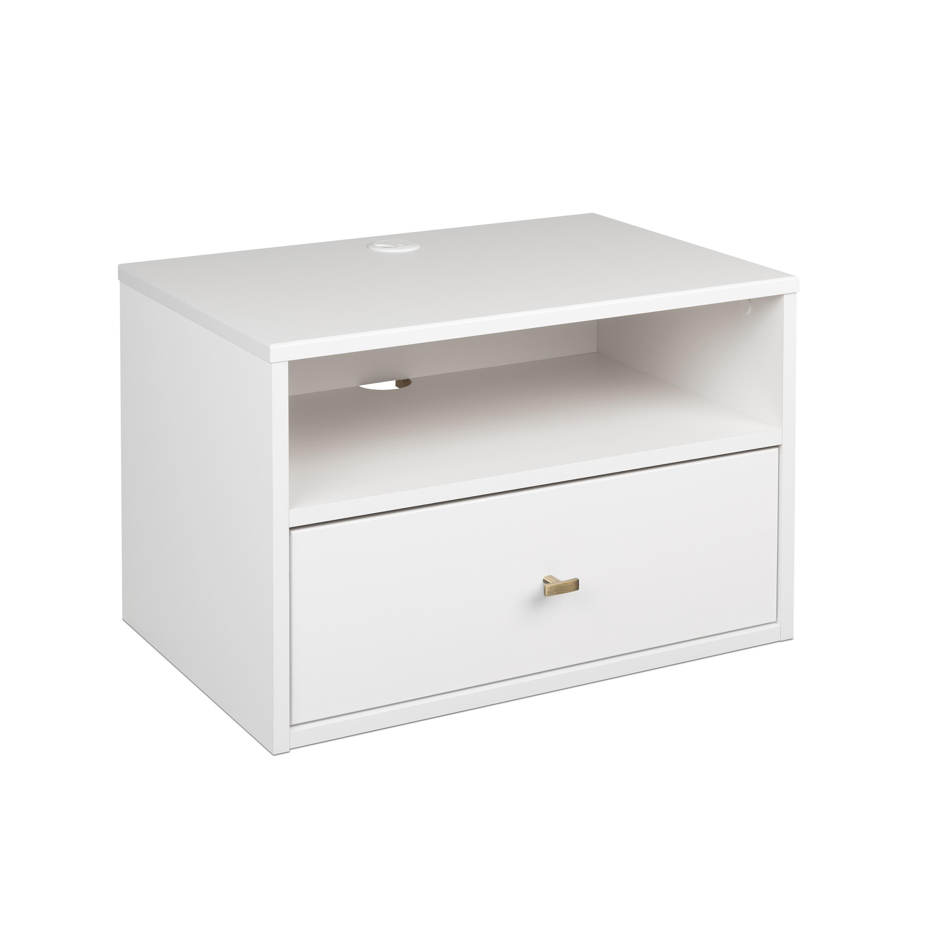 Prepac Floating 1 Drawer Nightstand with Open Shelf White: Modern Wall-Mounted Bedside Furniture with Cable Management & Metal Glides