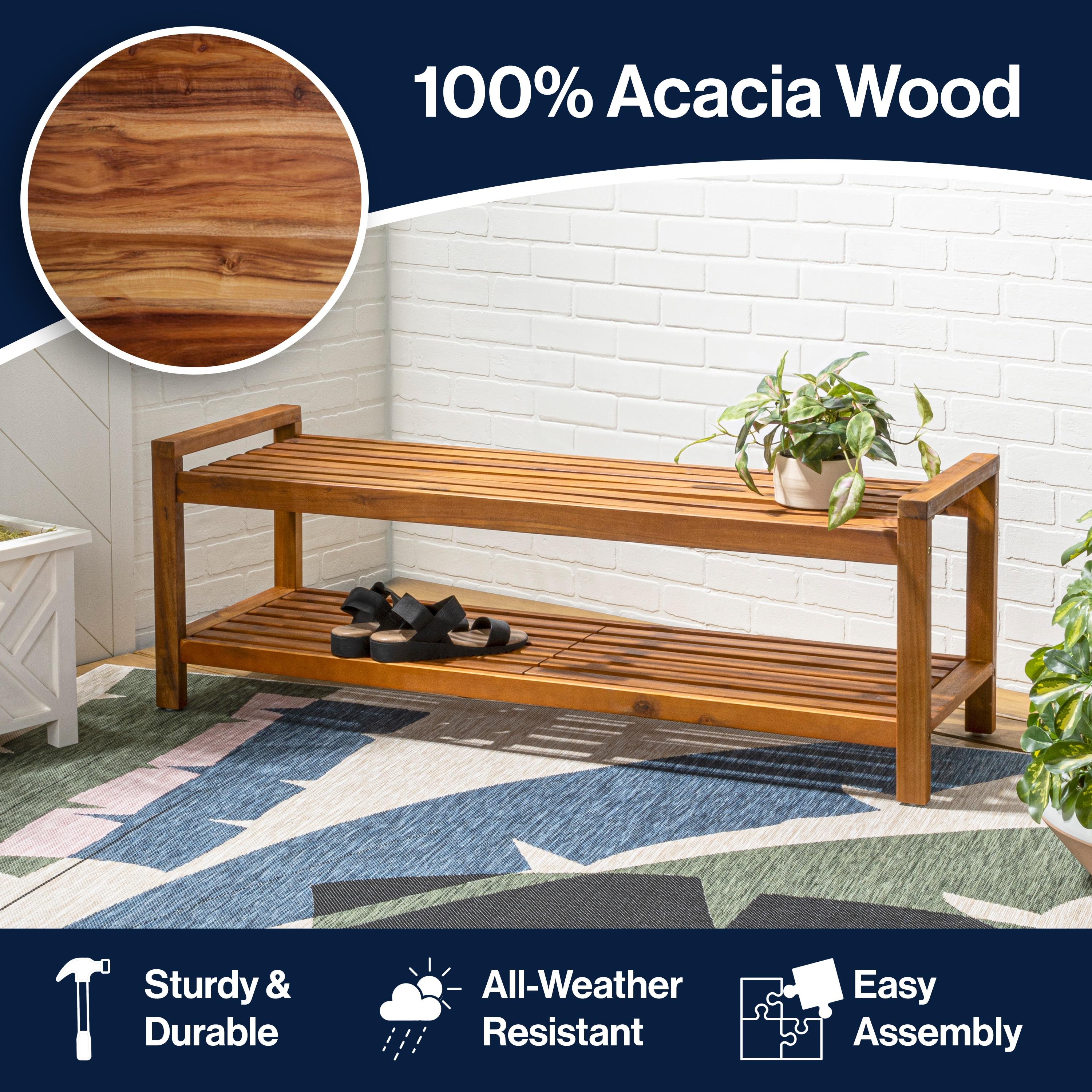 Blane 3-Seat Mid-Century Modern Acacia Wood Slat Outdoor Garden Patio Bench, Teak - JONATHAN Y