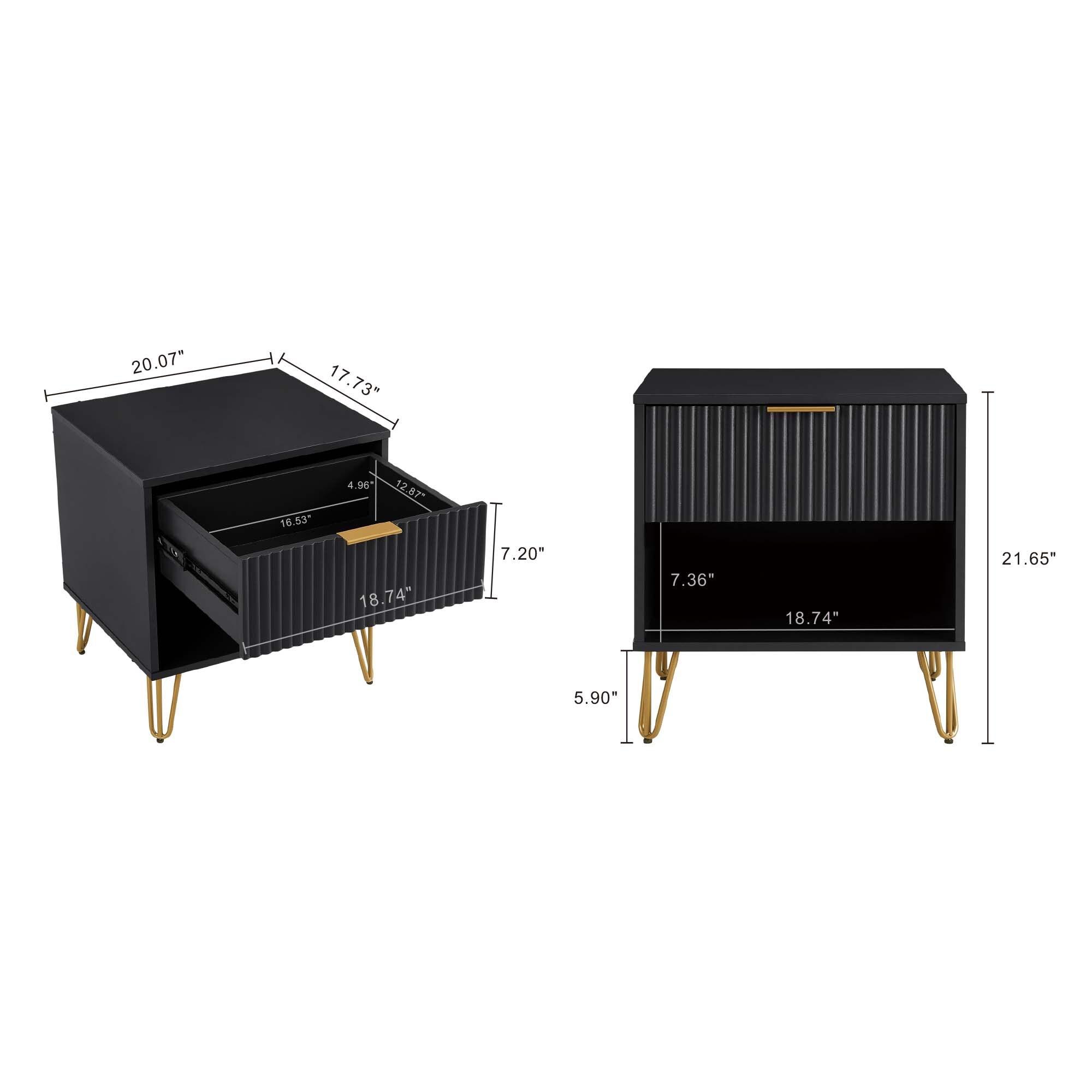 Manhattan Comfort Dumbo Nightstand with Drawer Black: Modern Design, Splayed Metal Legs, Soft Close Storage