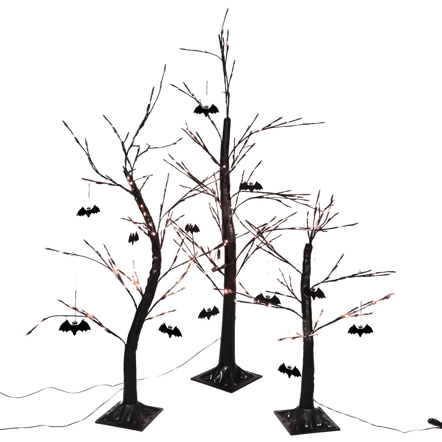 Haunted Hill Farm Set of 3 Halloween Trees with Bats and Orange LED Lights, 3-ft., 4-ft., and 5-ft.