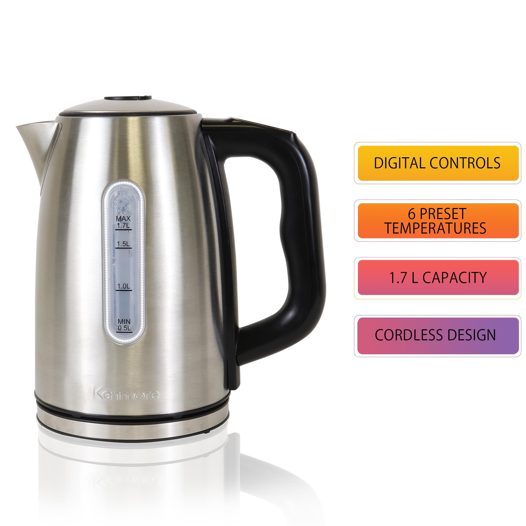 Kenmore 1.7 Qt. Electric Tea Kettle with 6 Temperature Pre-Sets, Cordless